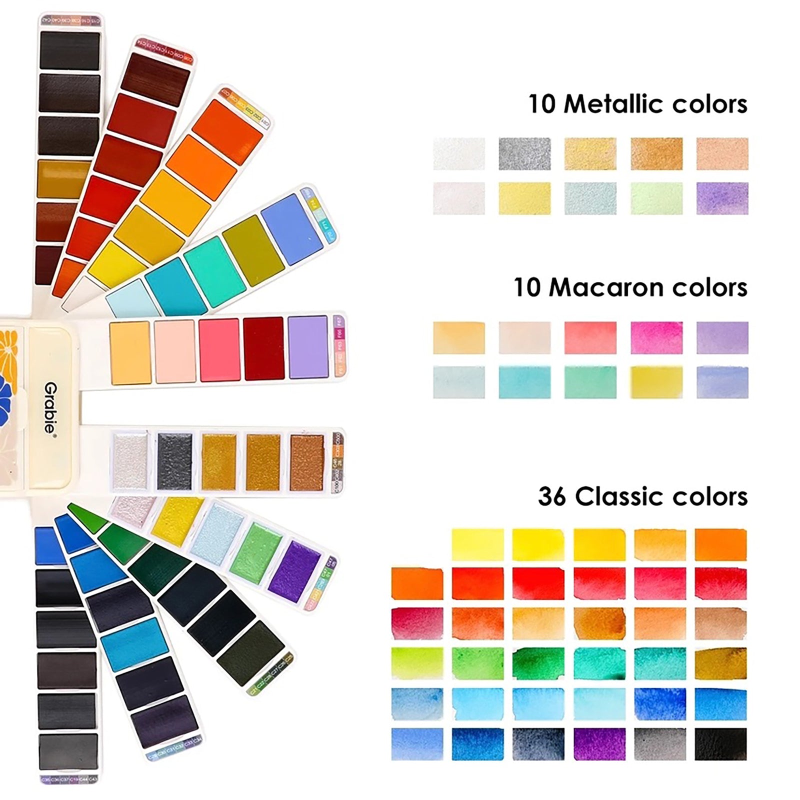 Set of watercolor paint pans with a floral design case on a white background
