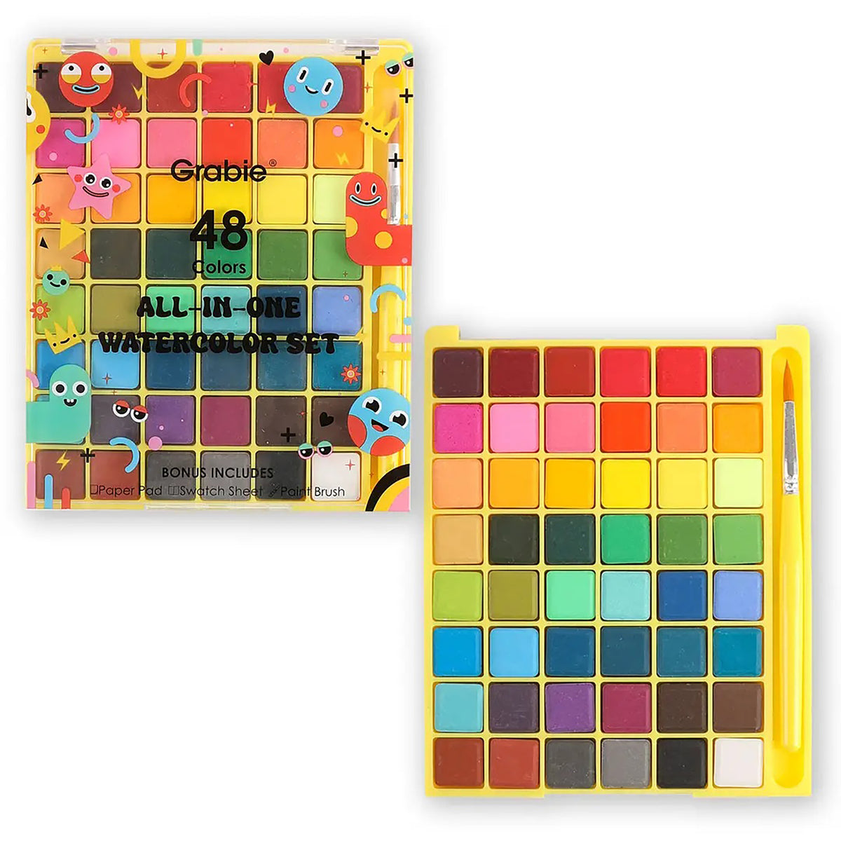 Grable 48 Colors All-in-One Watercolor Set with colorful packaging and color swatches.