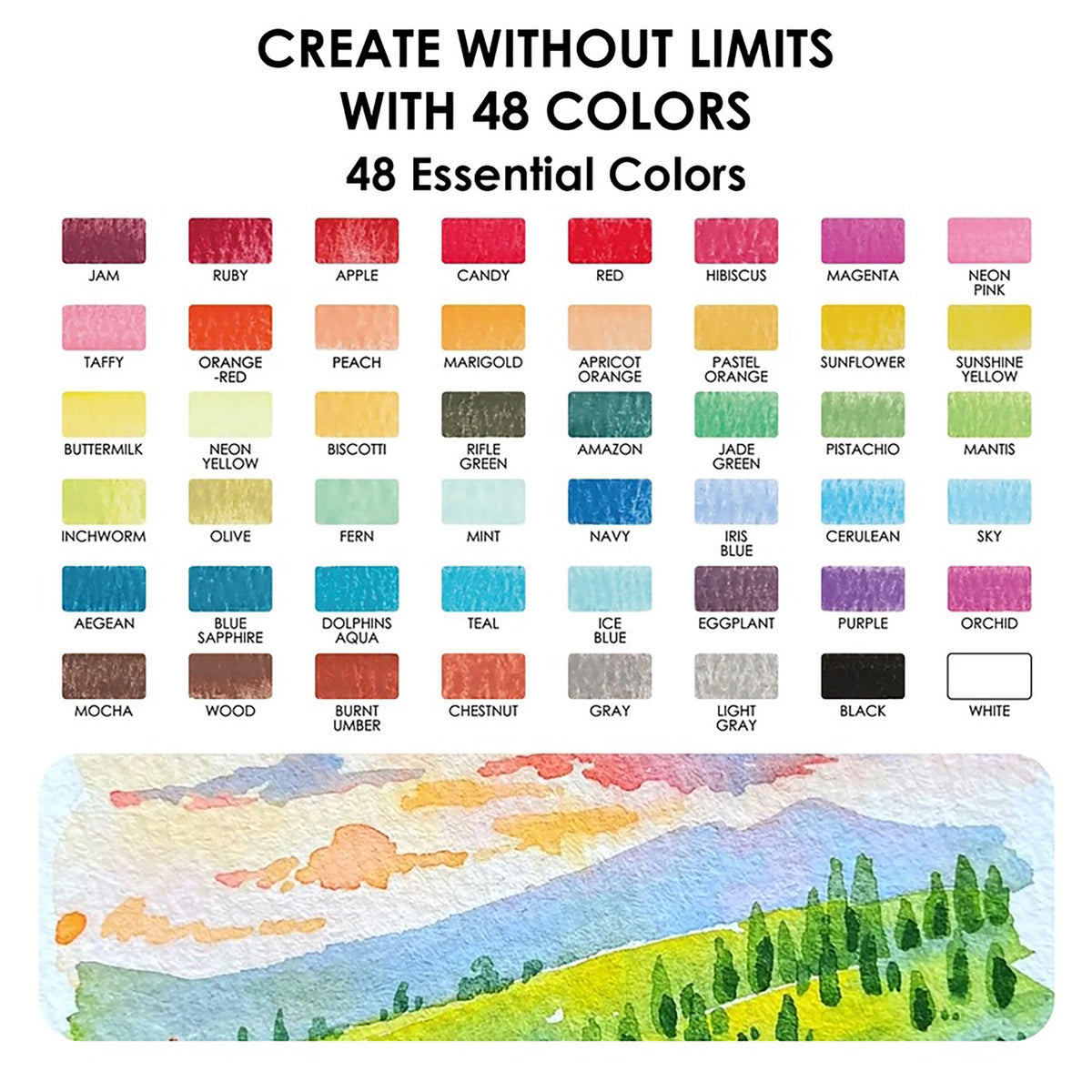 Color chart with 48 colors and a watercolor landscape illustration.