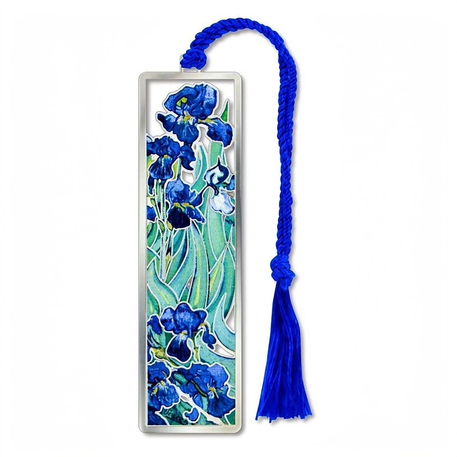A rectangular silver-framed book bookmark featuring a watercolor design of blue irises on a white background, complete with a long blue braided loop and tassel.