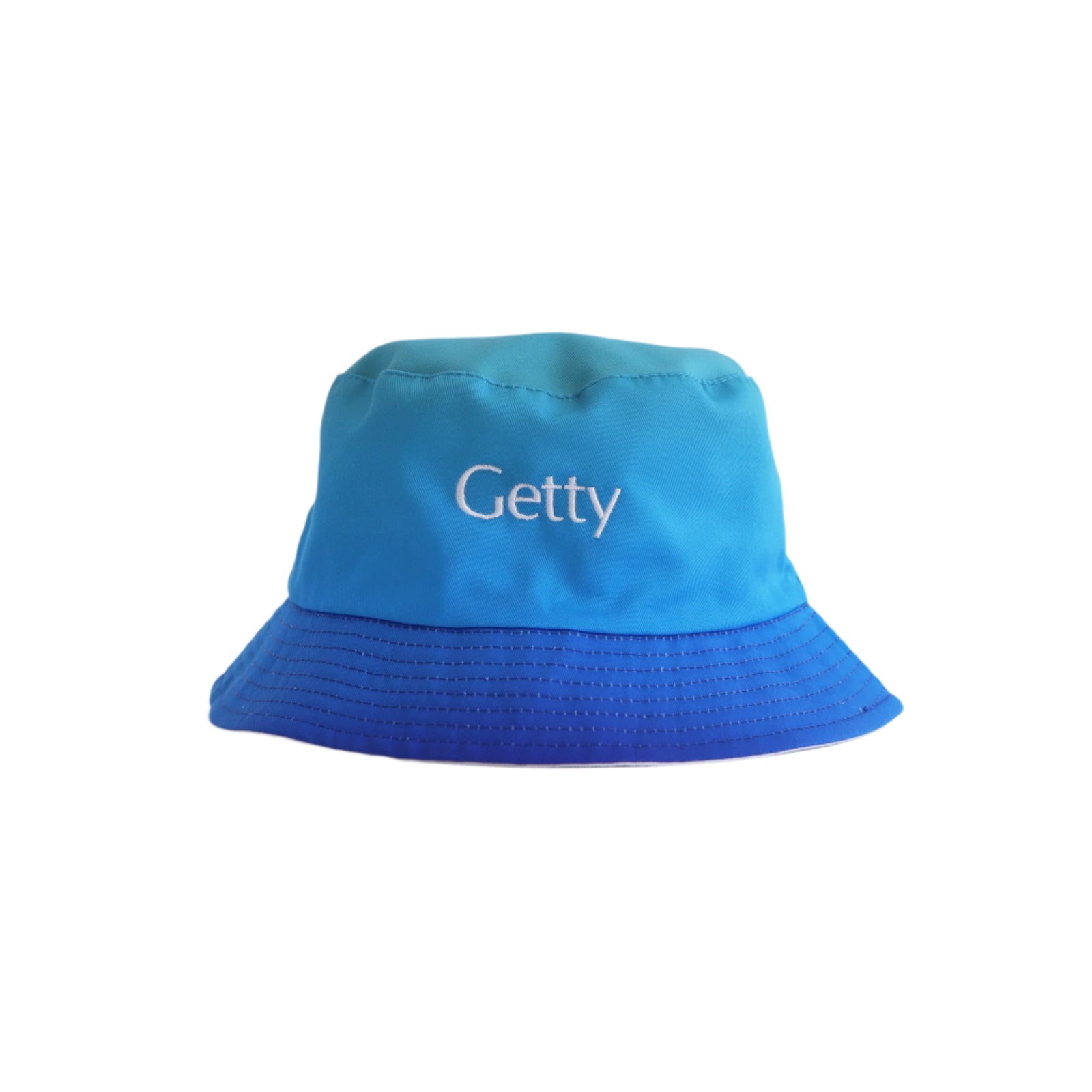 Blue bucket hat with 'Getty' branding on a white background