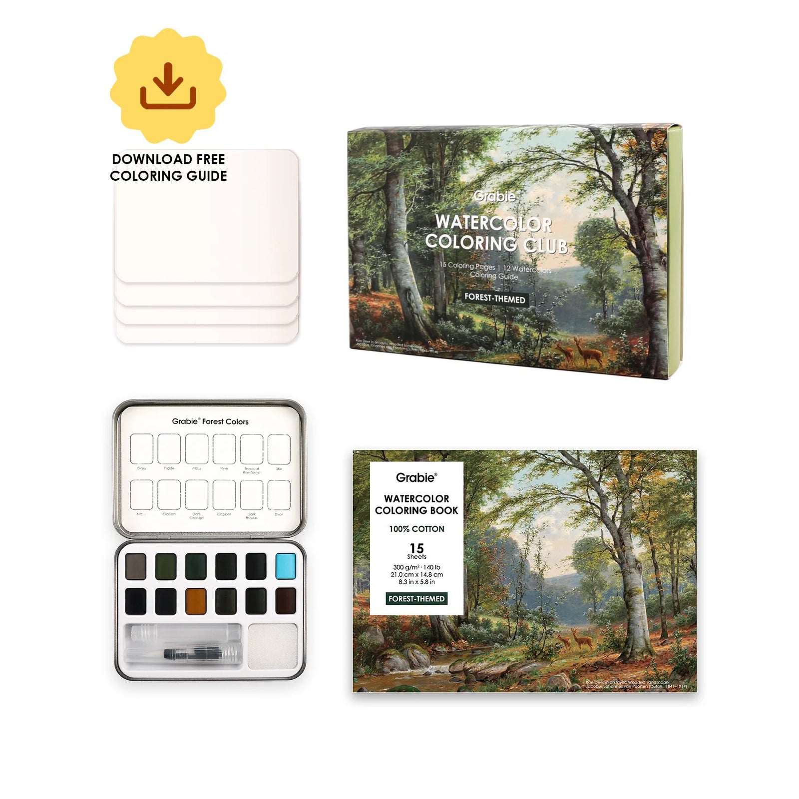 Watercolor coloring book set with forest-themed designs and a free coloring guide download.