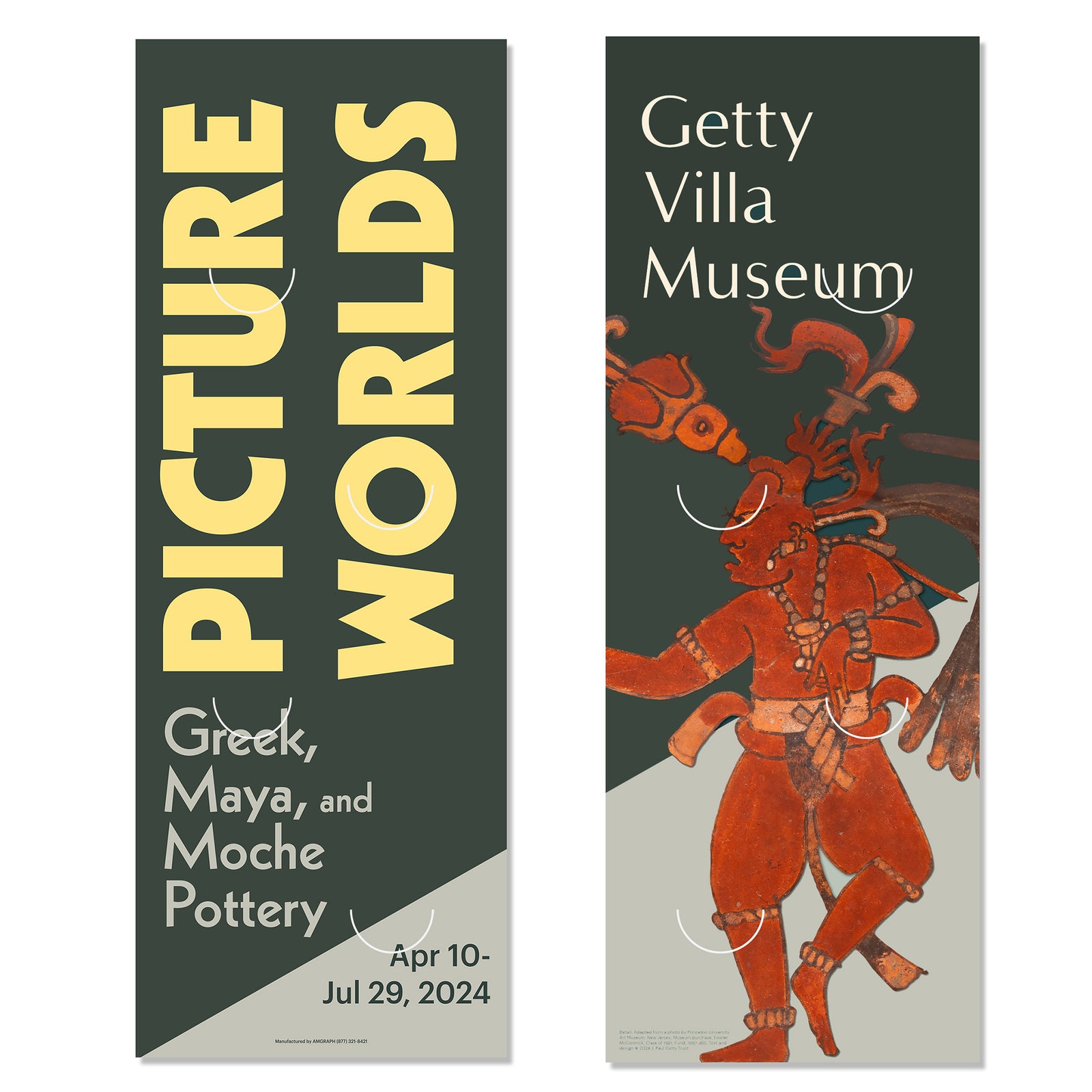 Two vertical exhibition banners for the Getty Villa Museum showcasing imagery related to ancient pottery. One with text and the other with an illustrated figure.