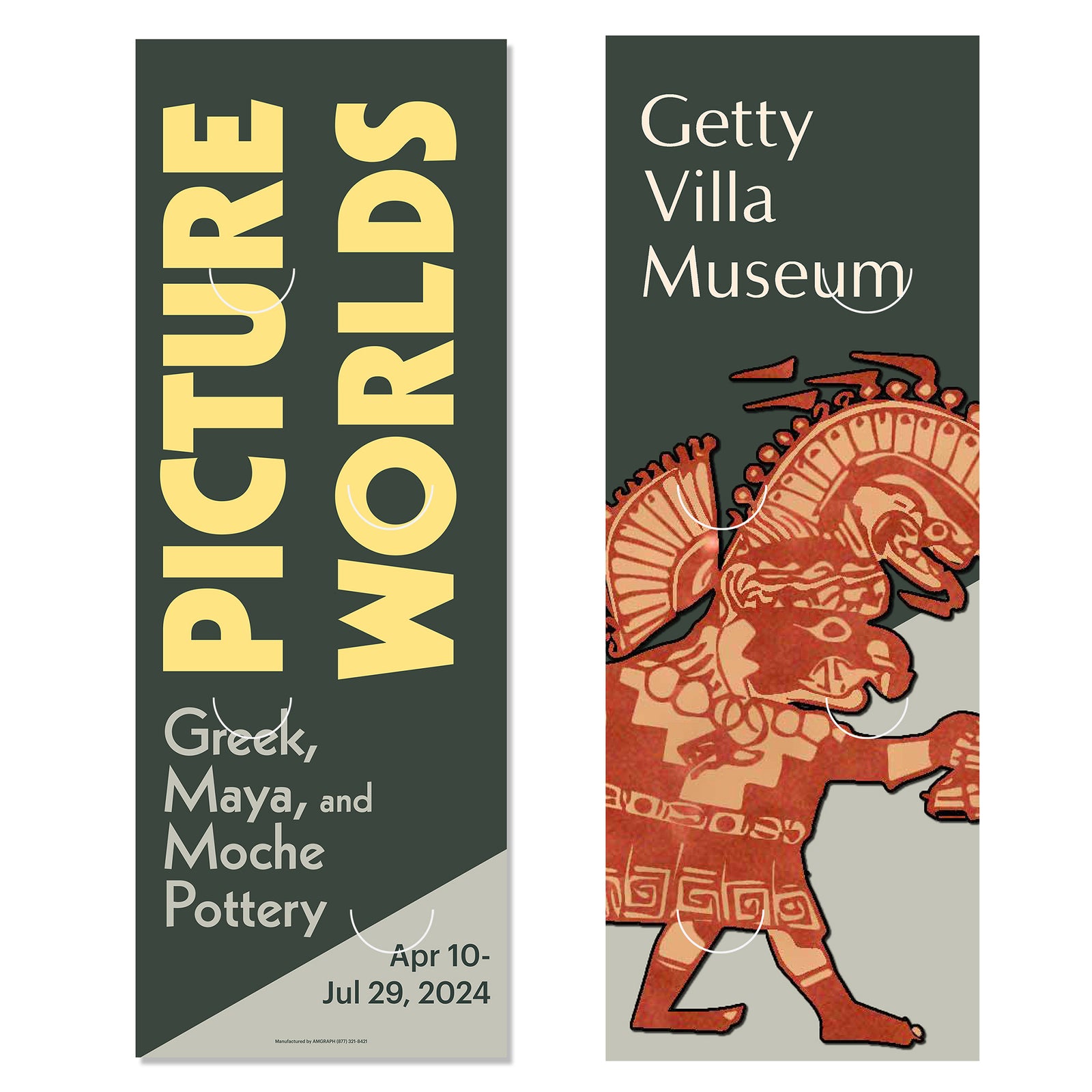 Two vertical exhibition banners for the Getty Villa Museum, featuring graphic designs and text related to the Picture Worlds exhibition.