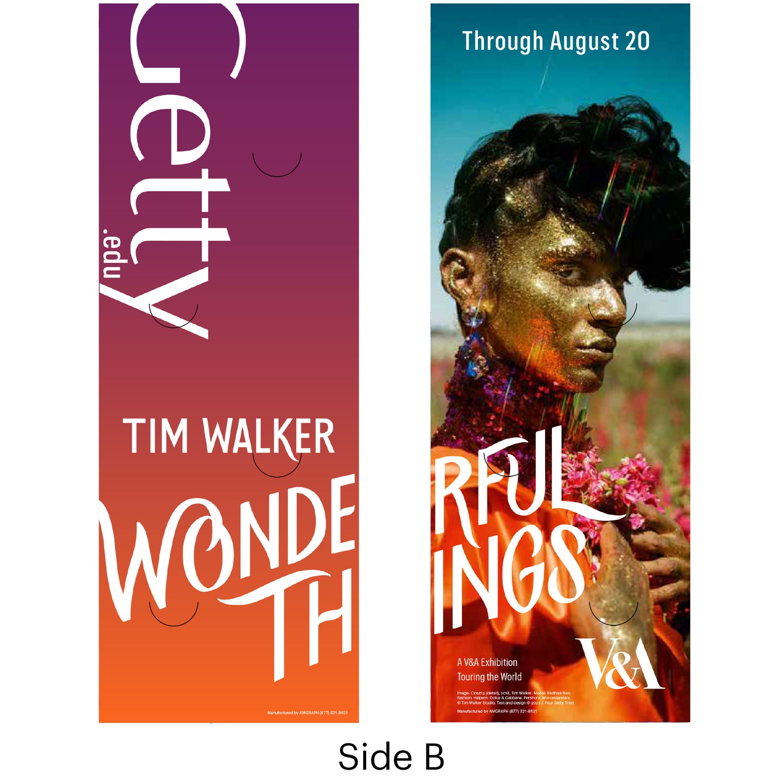 Two vinyl banners with one side featuring a photograph of a person in a blue garment and the other side featuring the text 'Getty Tim Walker WONDERFUL THINGS'.