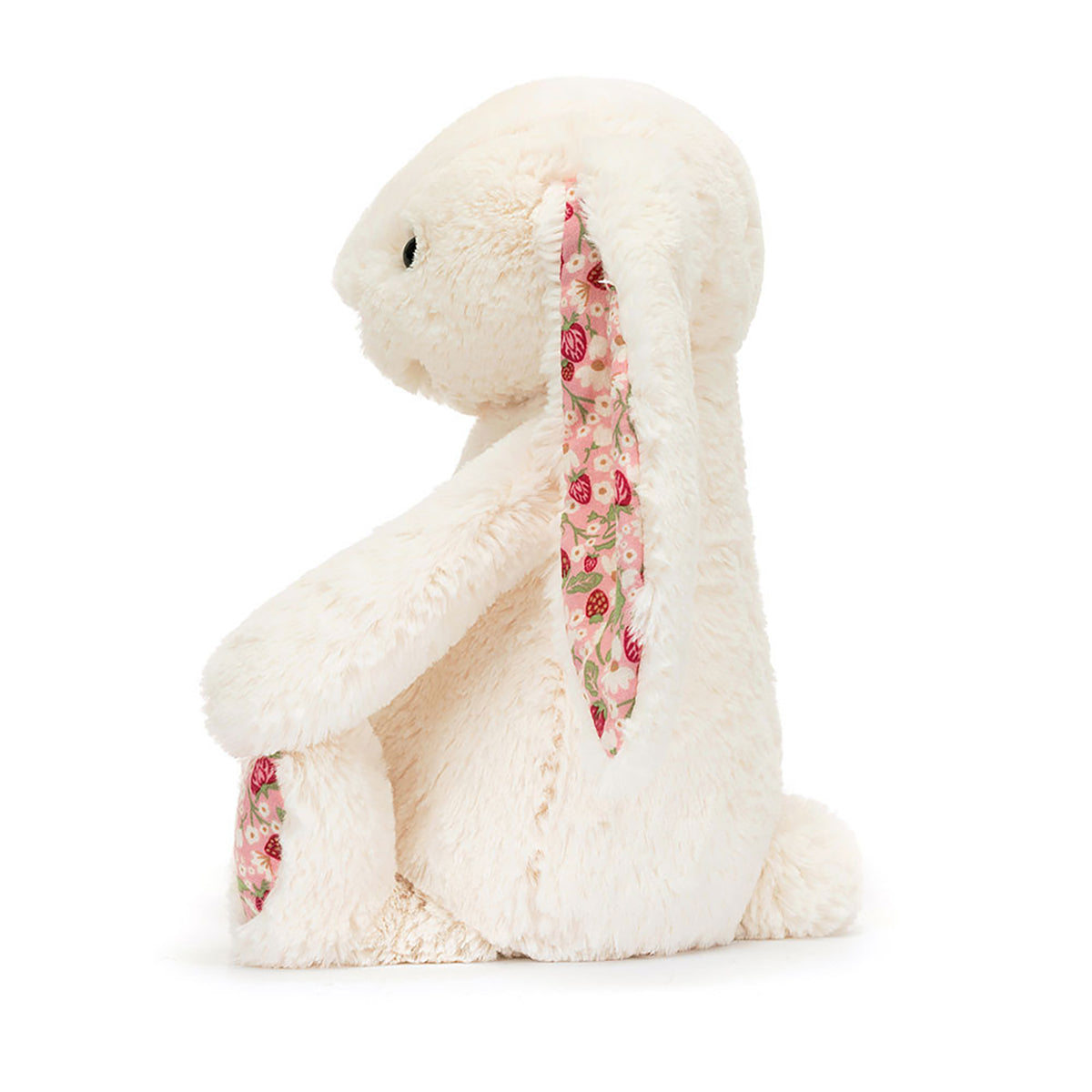 White plush bunny with floral ears on a white background