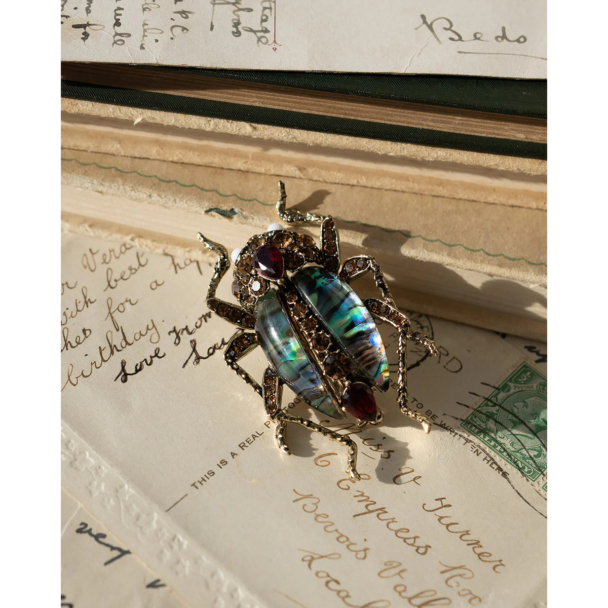 Decorative insect brooch on an old letter with visible text and stamps.