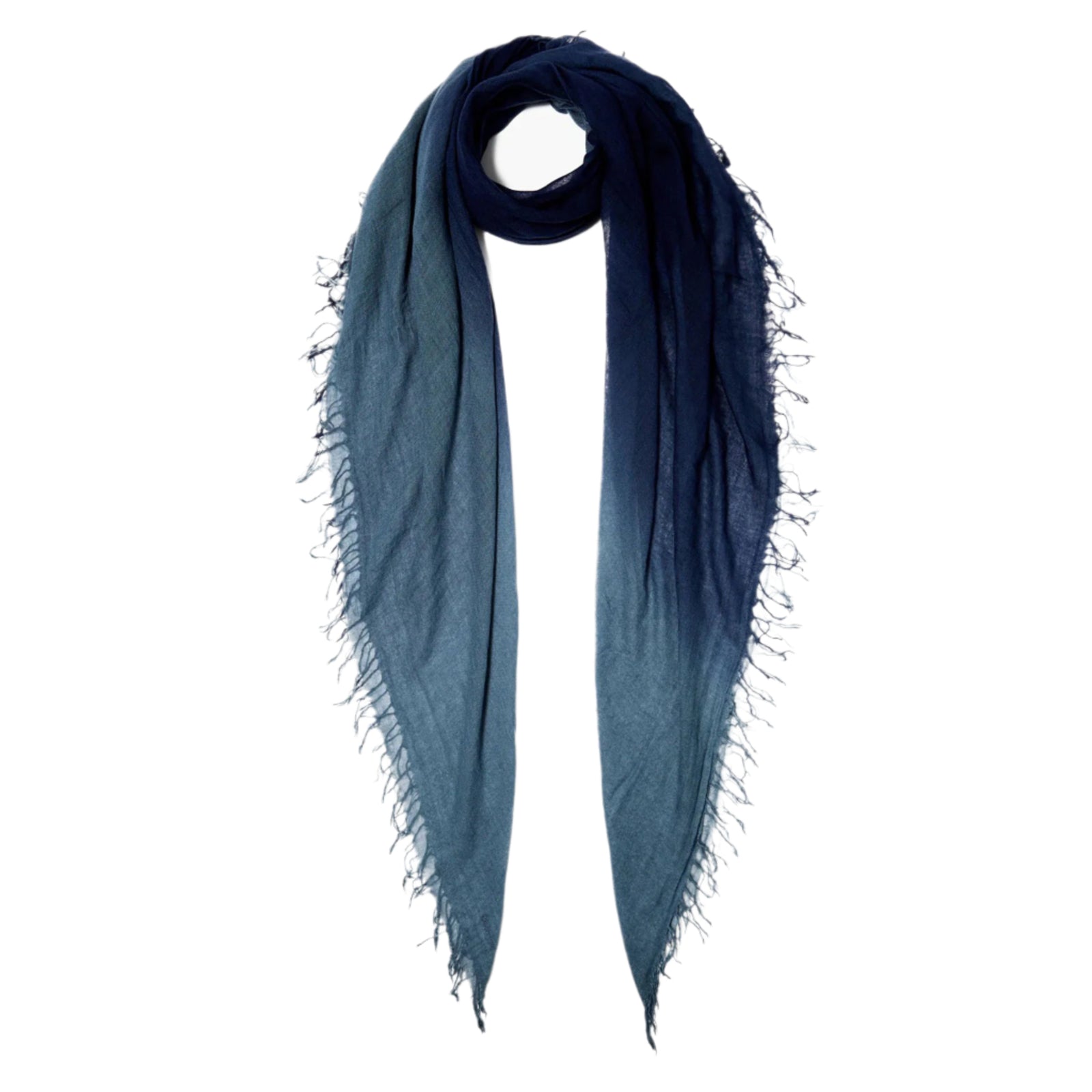 A blue cashmere and silk blend scarf with fringed trim, displayed on a white background.