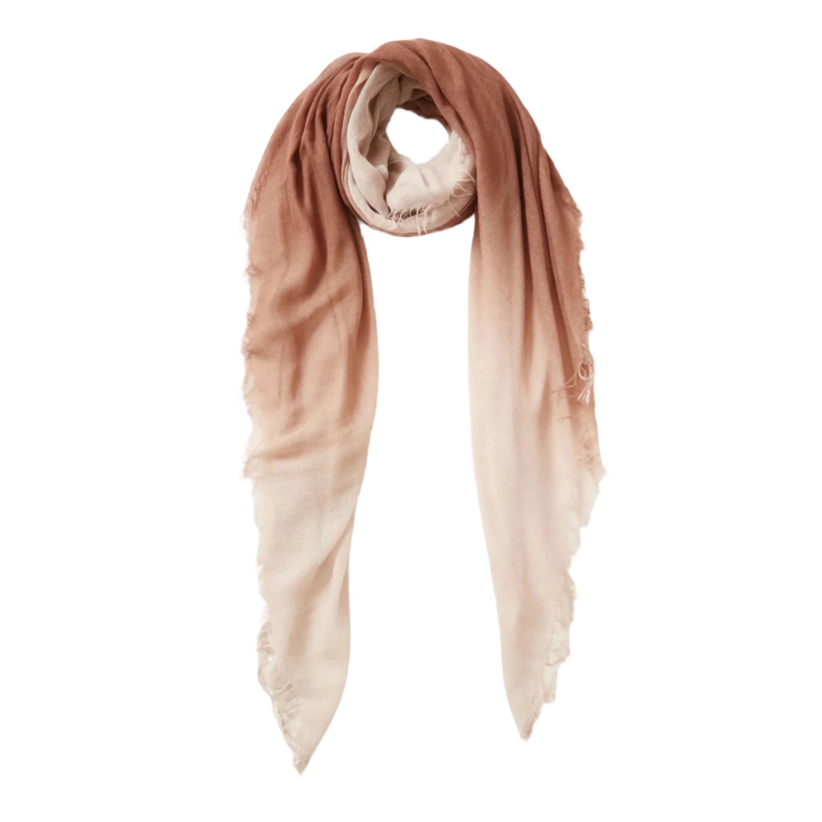 A cashmere and silk blend scarf in cognac color with fringed trim, displayed on a white background.