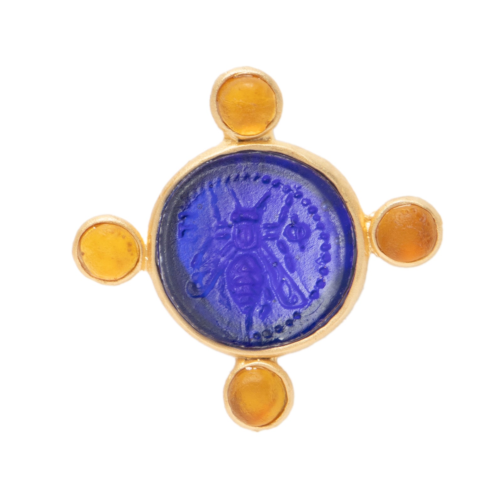 A brooch with a central glass coin motif featuring a bee emblem surrounded by amber-colored gemstones, with gold-plate accents.