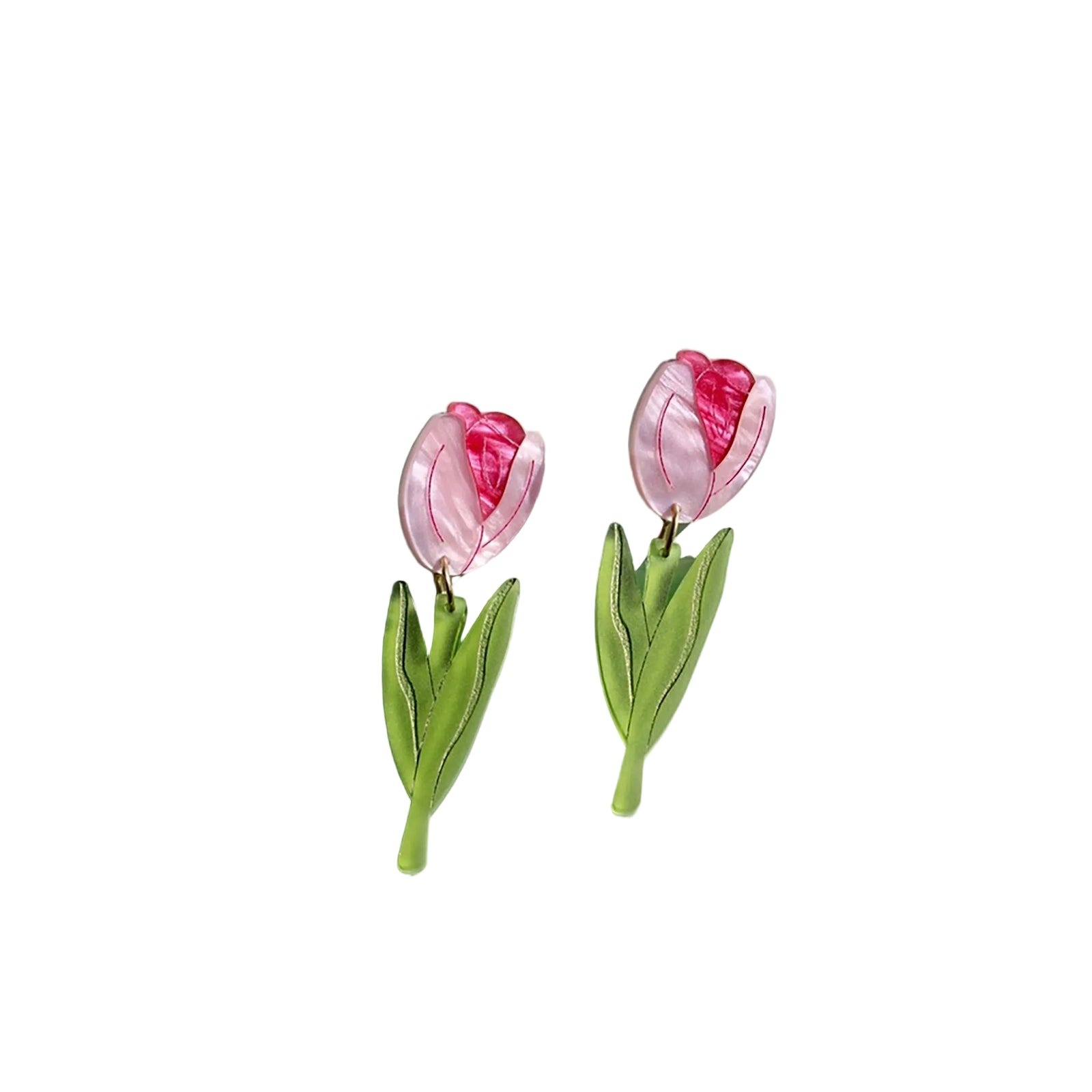 Pink tulip-shaped earrings with green leaves on a light blue background