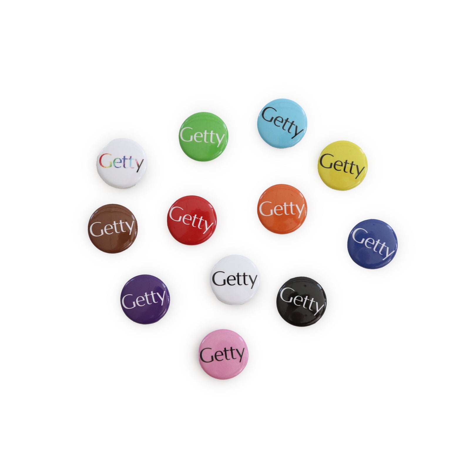 Set of colorful 'Getty' branded buttons on a white background