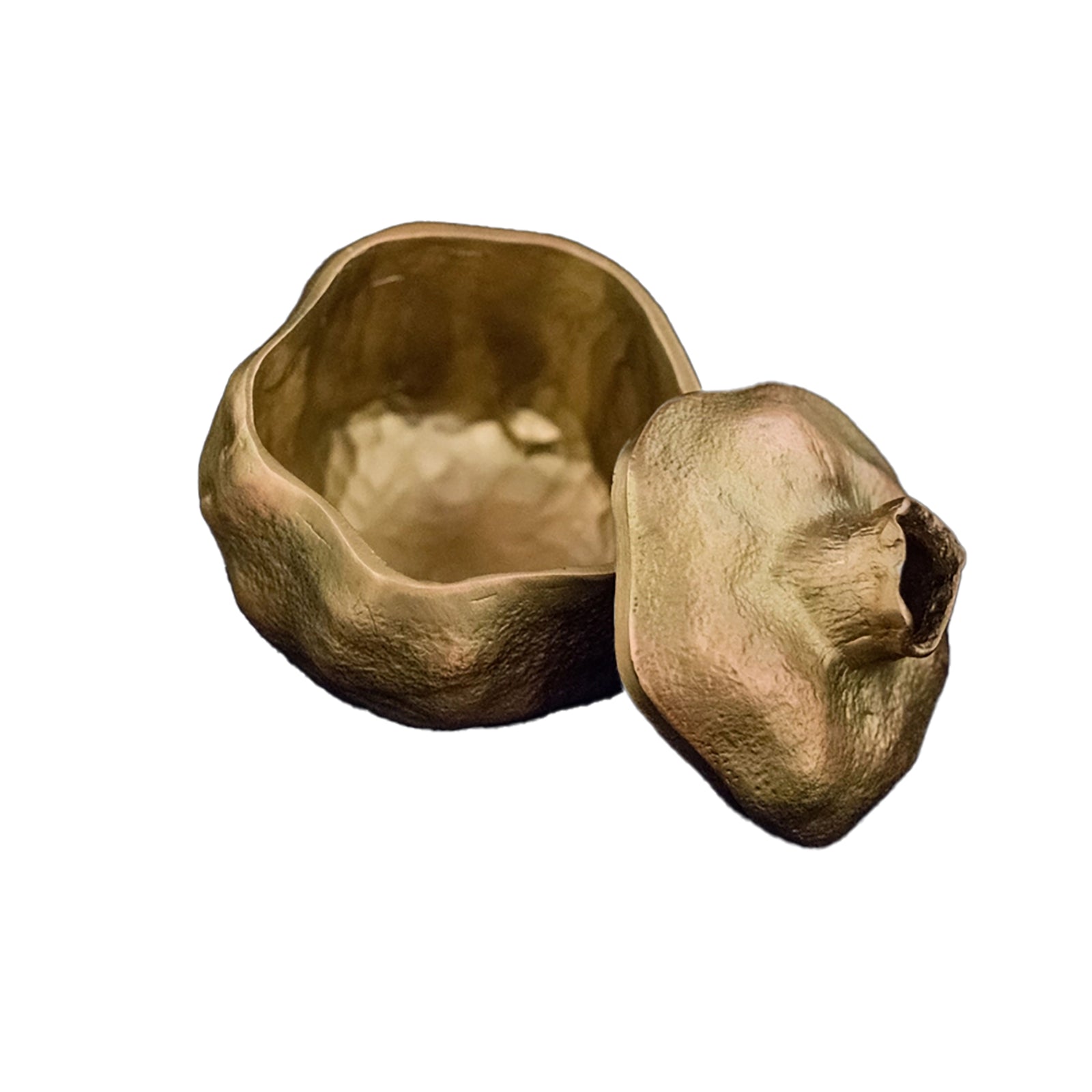 A pewter trinket box with an antique brass finish, designed to resemble an open pomegranate with a removable top, set against a light background.