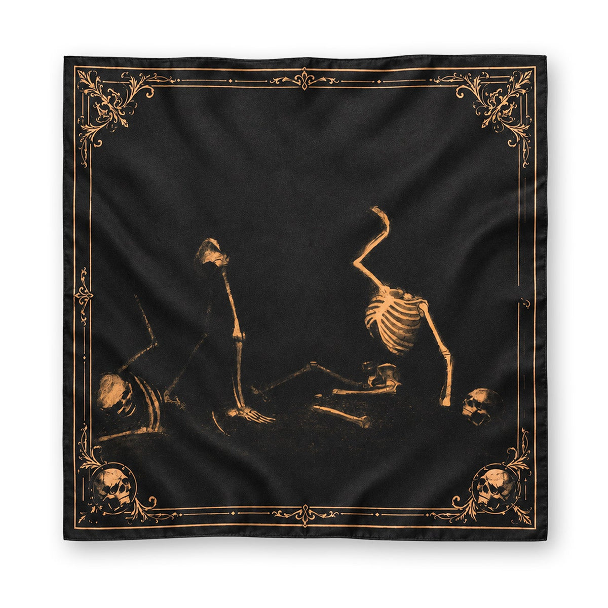 A square black bandana or scarf featuring a gothic design with gold-colored illustrations of skeletons and skulls, framed by an ornate gold border, shown flat against a white background.