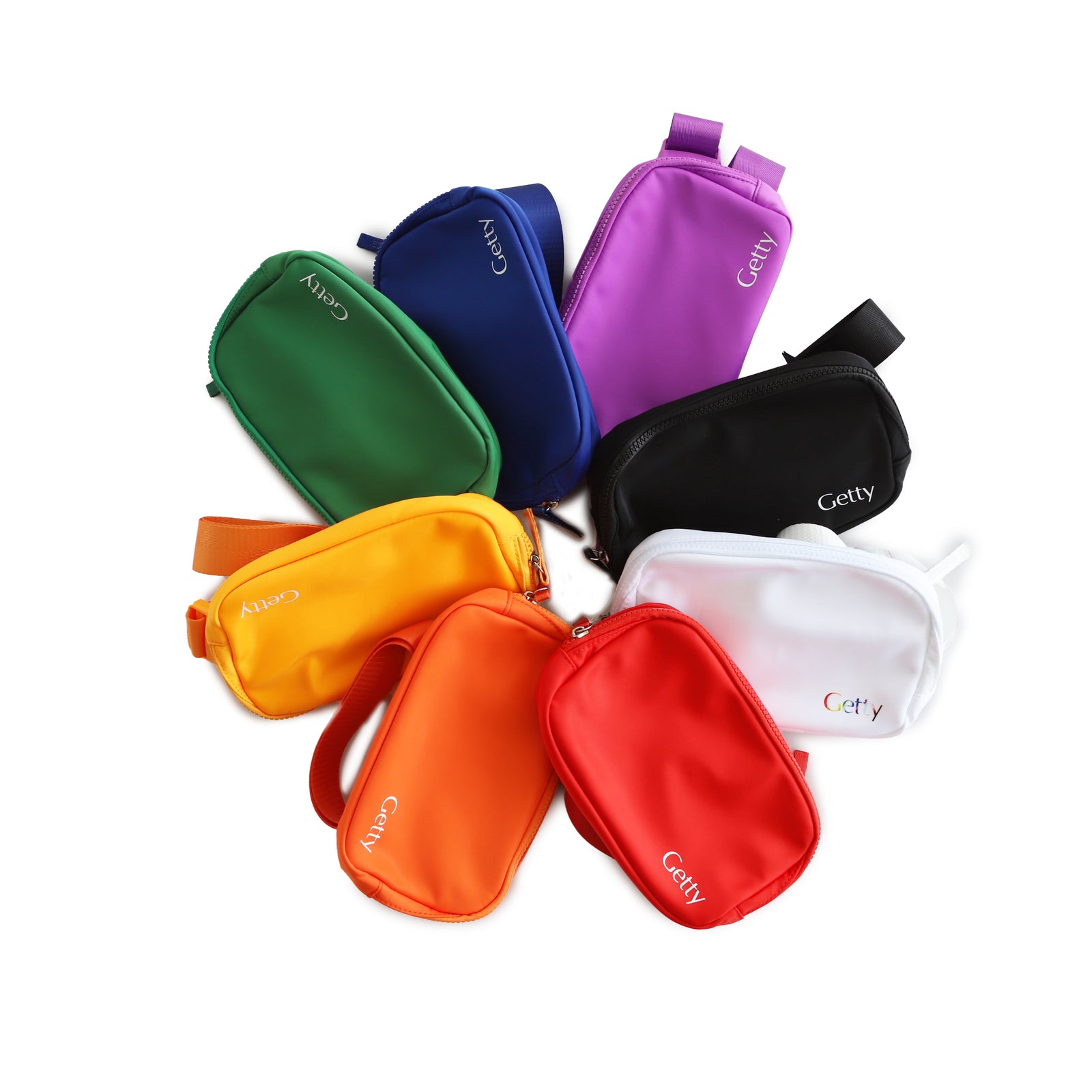 Set of colorful belt bags with 'Getty' branding on a white background
