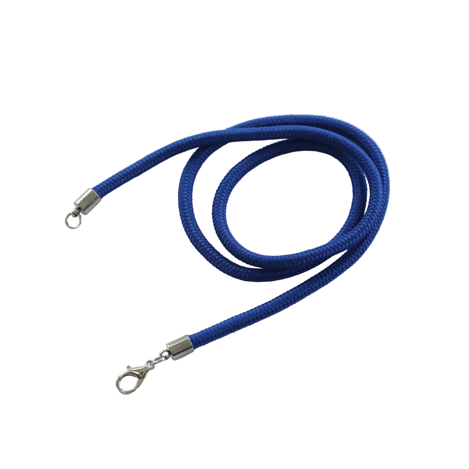 A blue braided cord necklace with four small hanging charms in gold and silver, displayed on a clean white background.