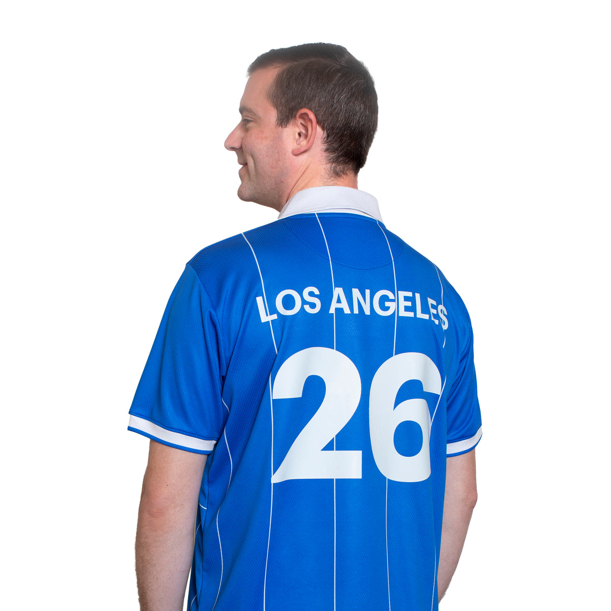 Man wearing a blue sports jersey with 'Los Angeles' and number '26' on the back.