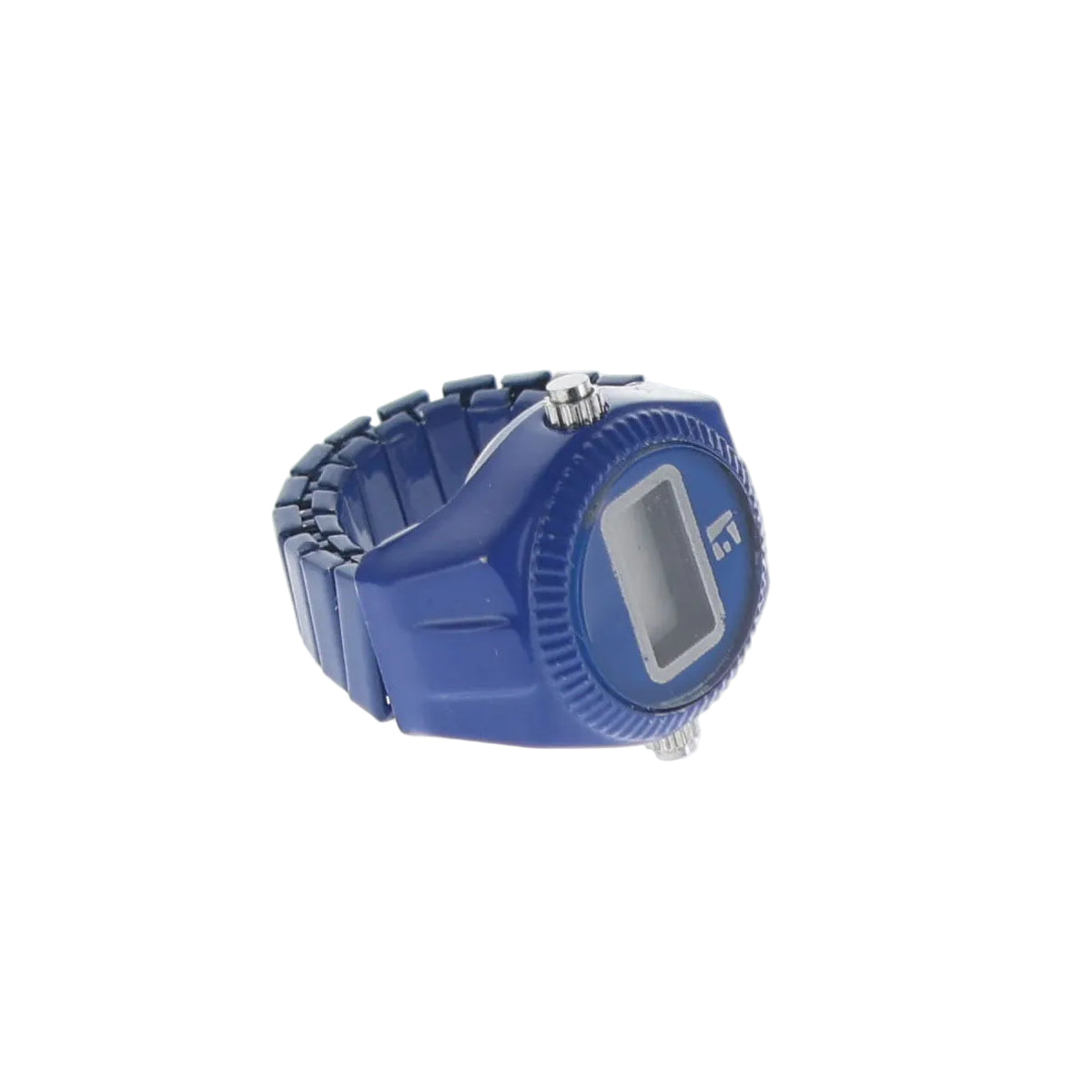 A blue digital wrist watch with a textured link-style band and a gray display window, shown on a plain white background.