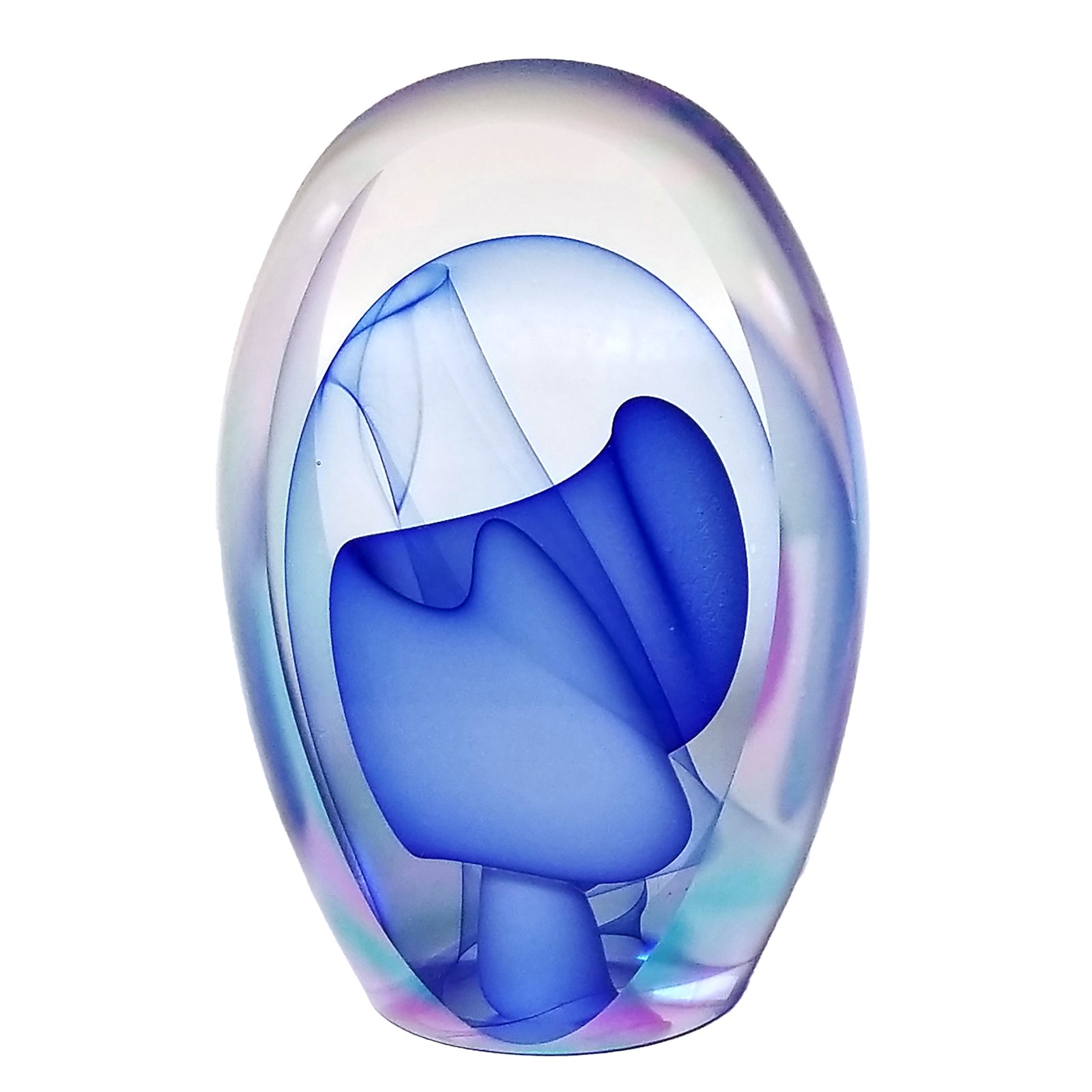 Glass sculpture with blue swirl details and an iridescent outer layer on a white background