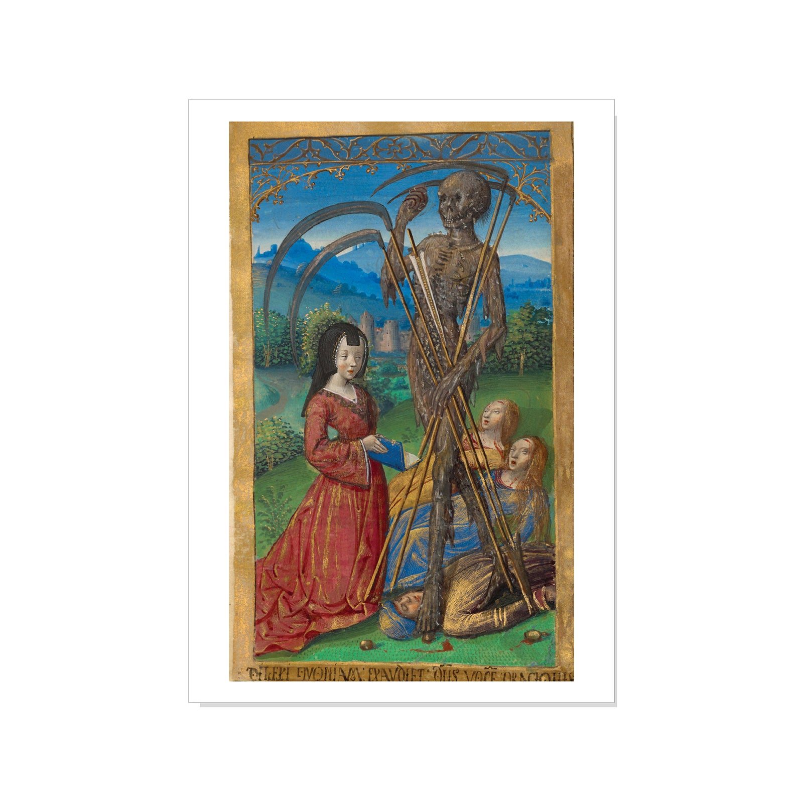 Framed artwork of a skeleton with a woman and child in a landscape