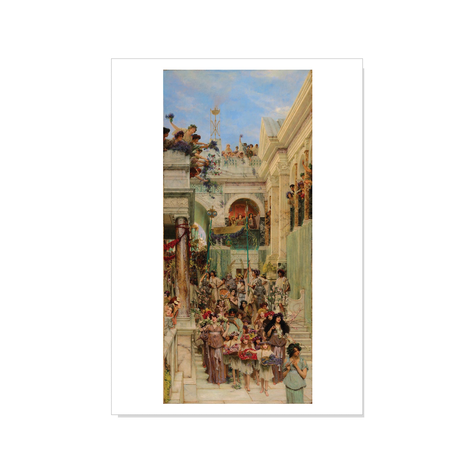 Vintage-style painting of a bustling street scene with people and architectural elements.