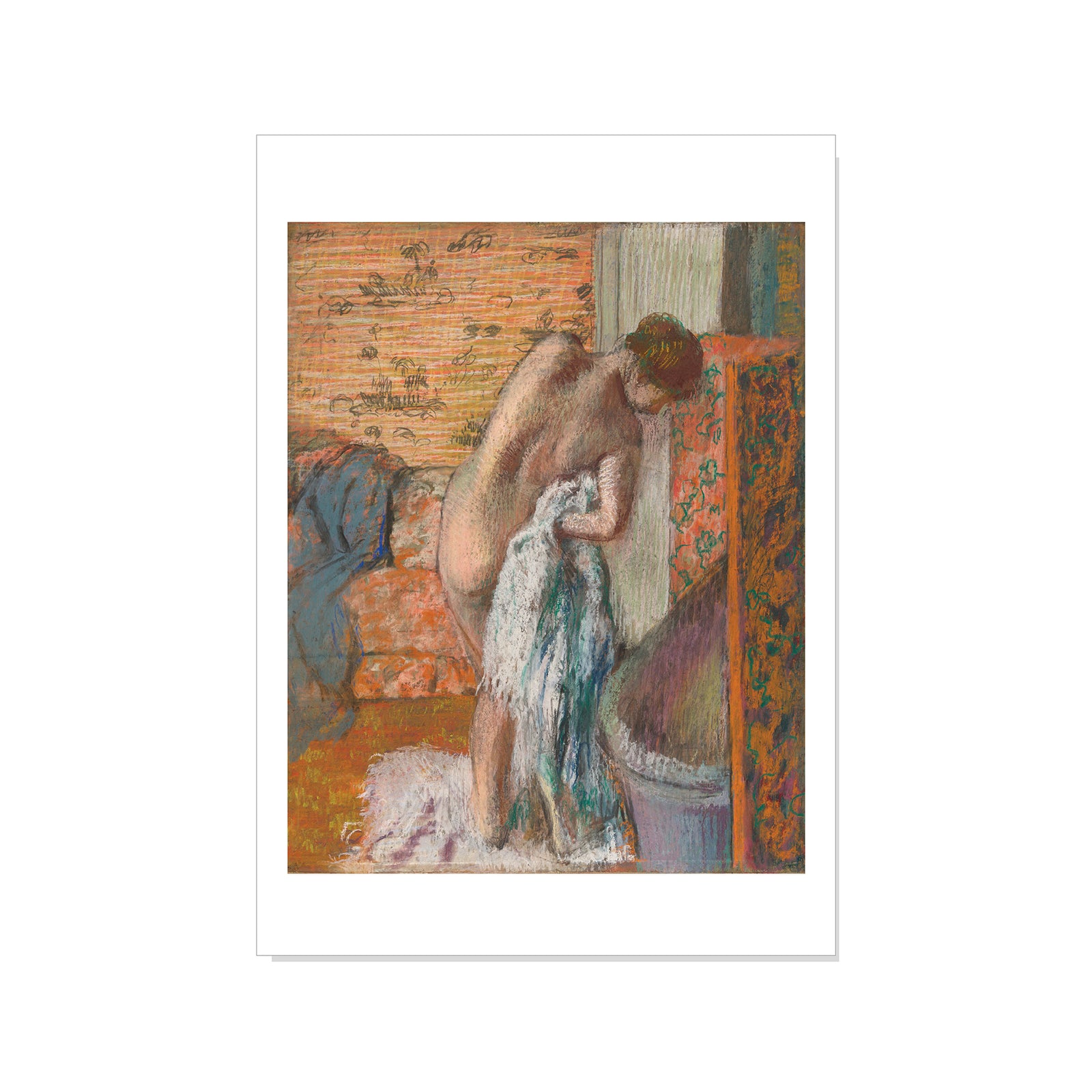 Artistic depiction of a woman in a bathtub with a towel, set against a patterned wall.