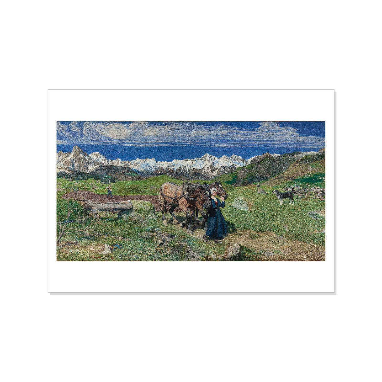 Postcard featuring a print of the artwork 'Spring in the Alps' by Giovani Segantini, depicting a mountainous landscape with figures and cattle.