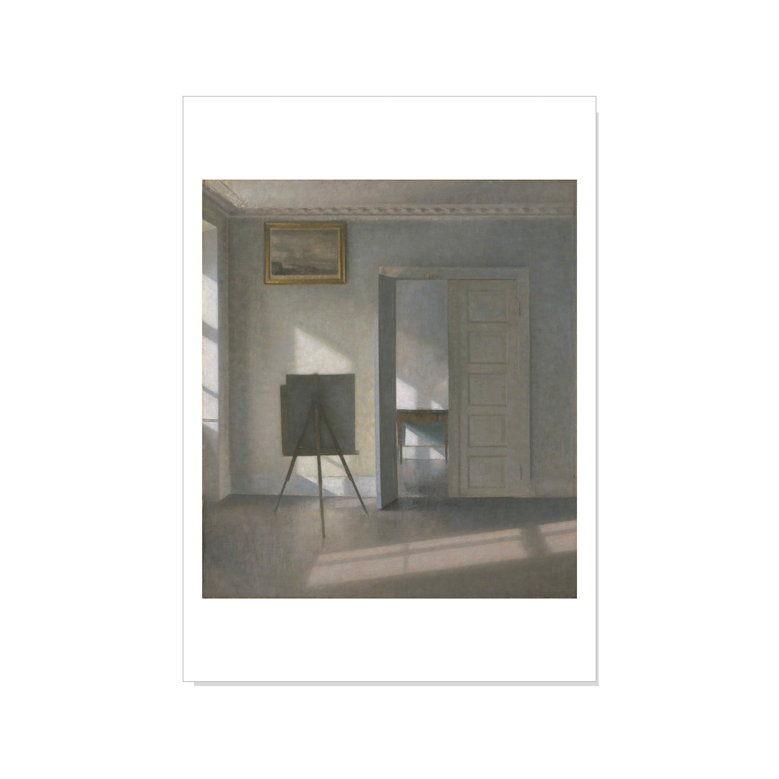 Artwork of a room with a mirror, chair, and easel on a white background