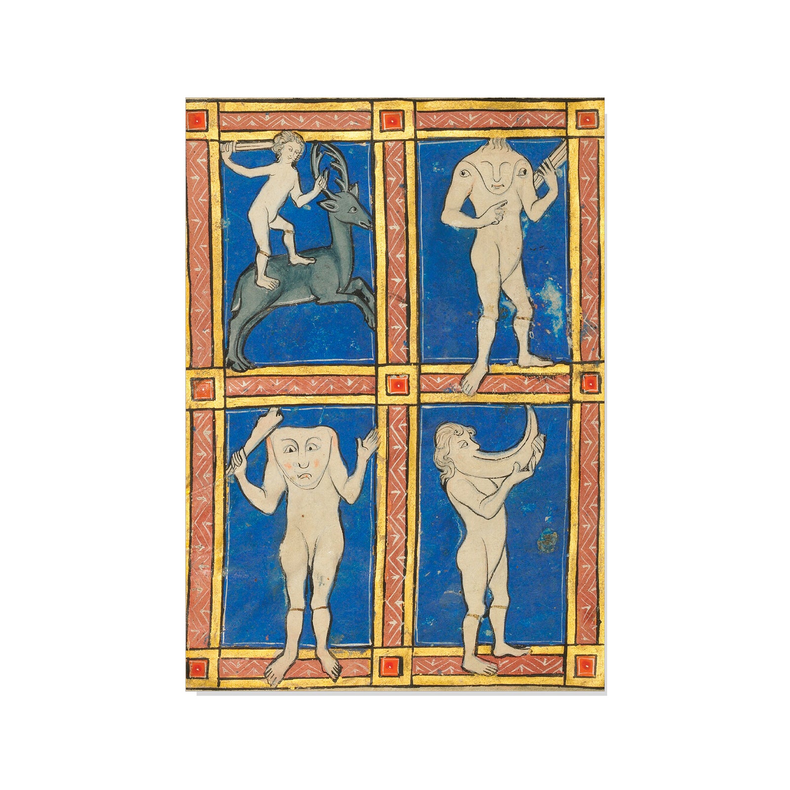 Medieval manuscript page with four illustrations of nude figures on a blue background