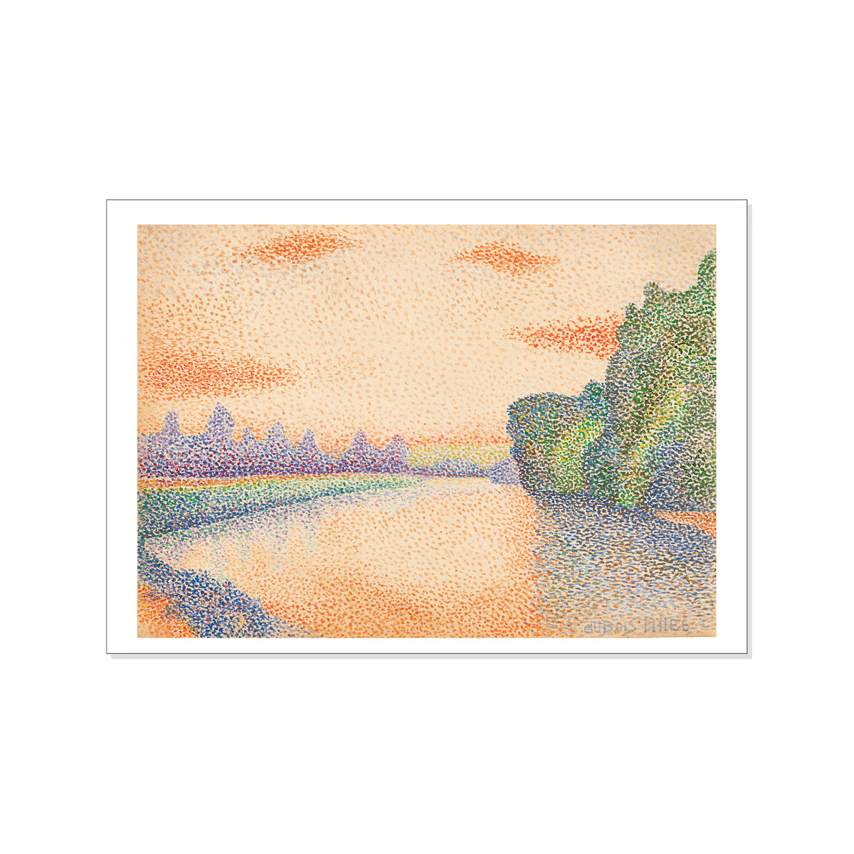Artistic depiction of a landscape with a river and trees at sunset.