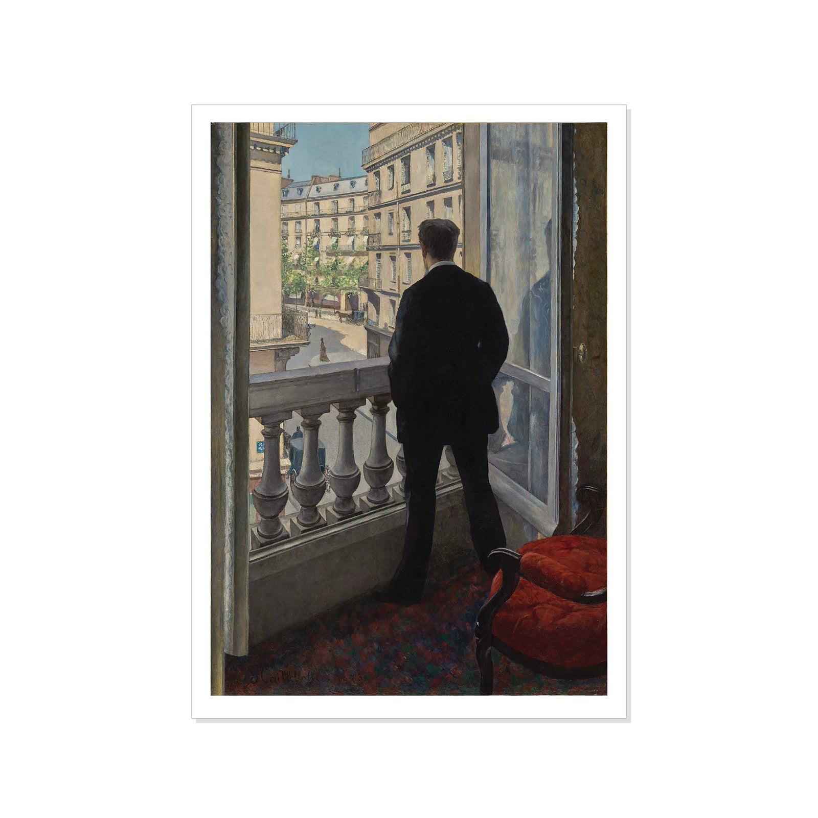 Postcard featuring a reproduction of Gustave Caillebotte's painting 'Young Man at His Window', depicting a man silhouetted against a window with a view of a street outside.