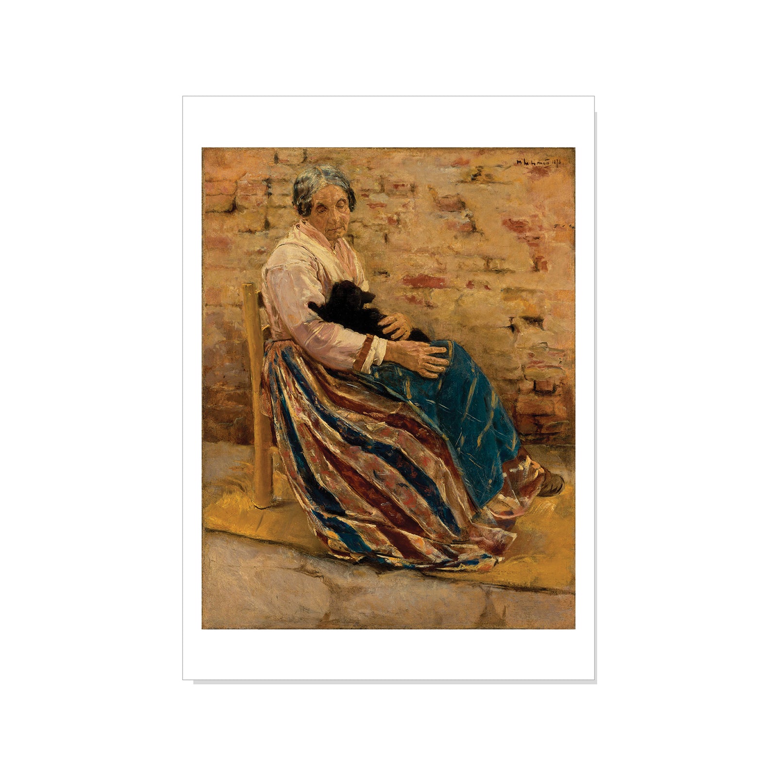 Painting of a woman sitting on a chair with a patterned dress against a brick wall.
