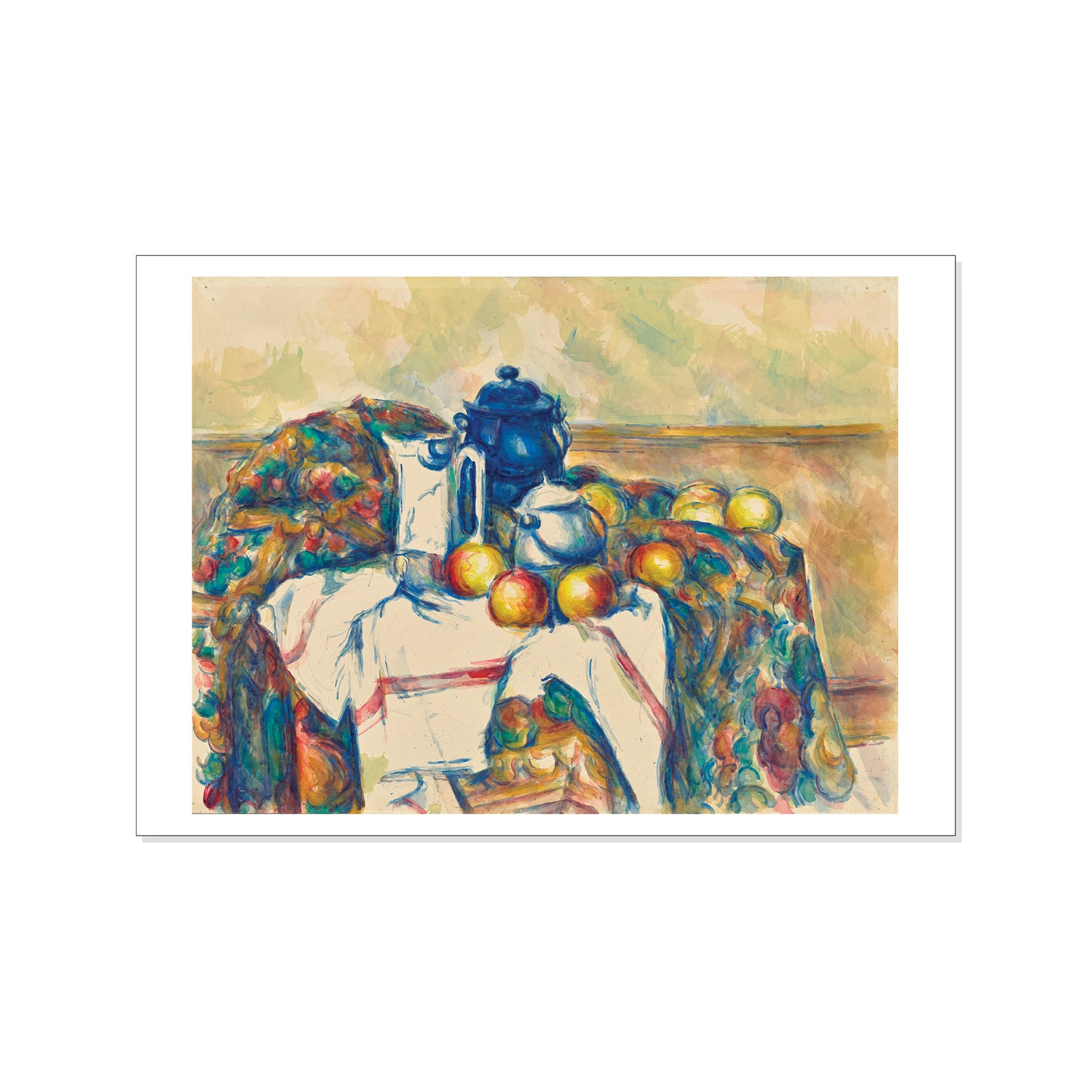 Still life painting with apples and a teapot on a draped surface