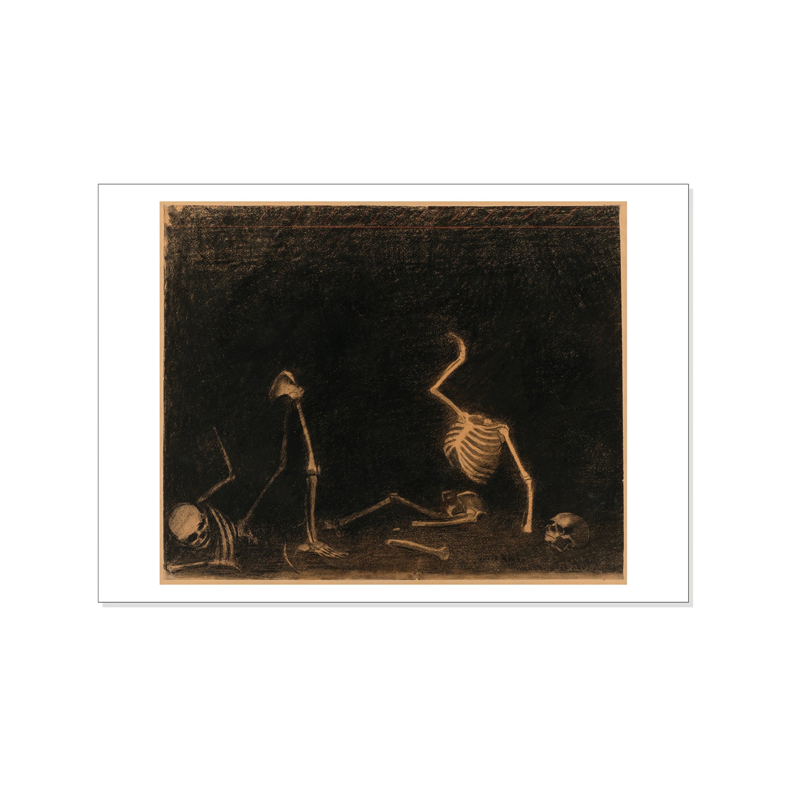 Artistic depiction of two skeletons in a dynamic pose on a dark background