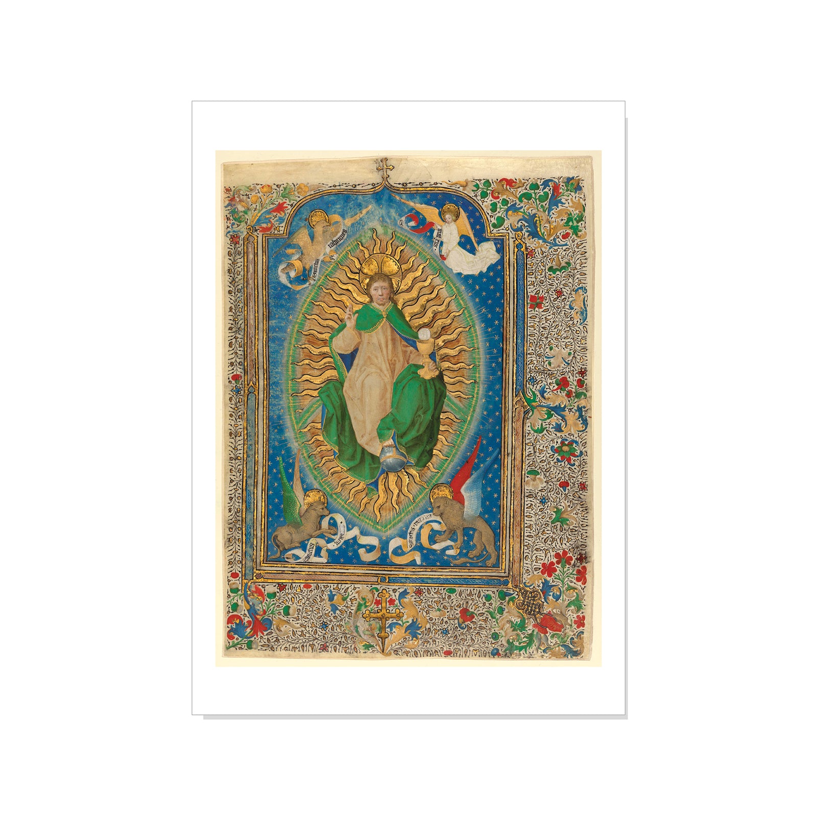Decorative print with a central figure surrounded by intricate designs on a white background