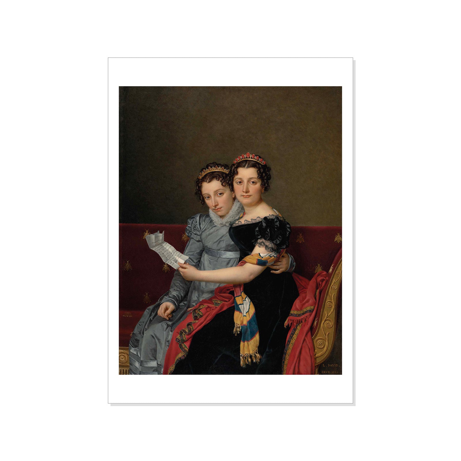 Postcard featuring a reproduction of Jacques-Louis David's painting of the Sisters Zénaî and Charlotte Bonaparte, depicting two women seated and dressed in historical clothing.