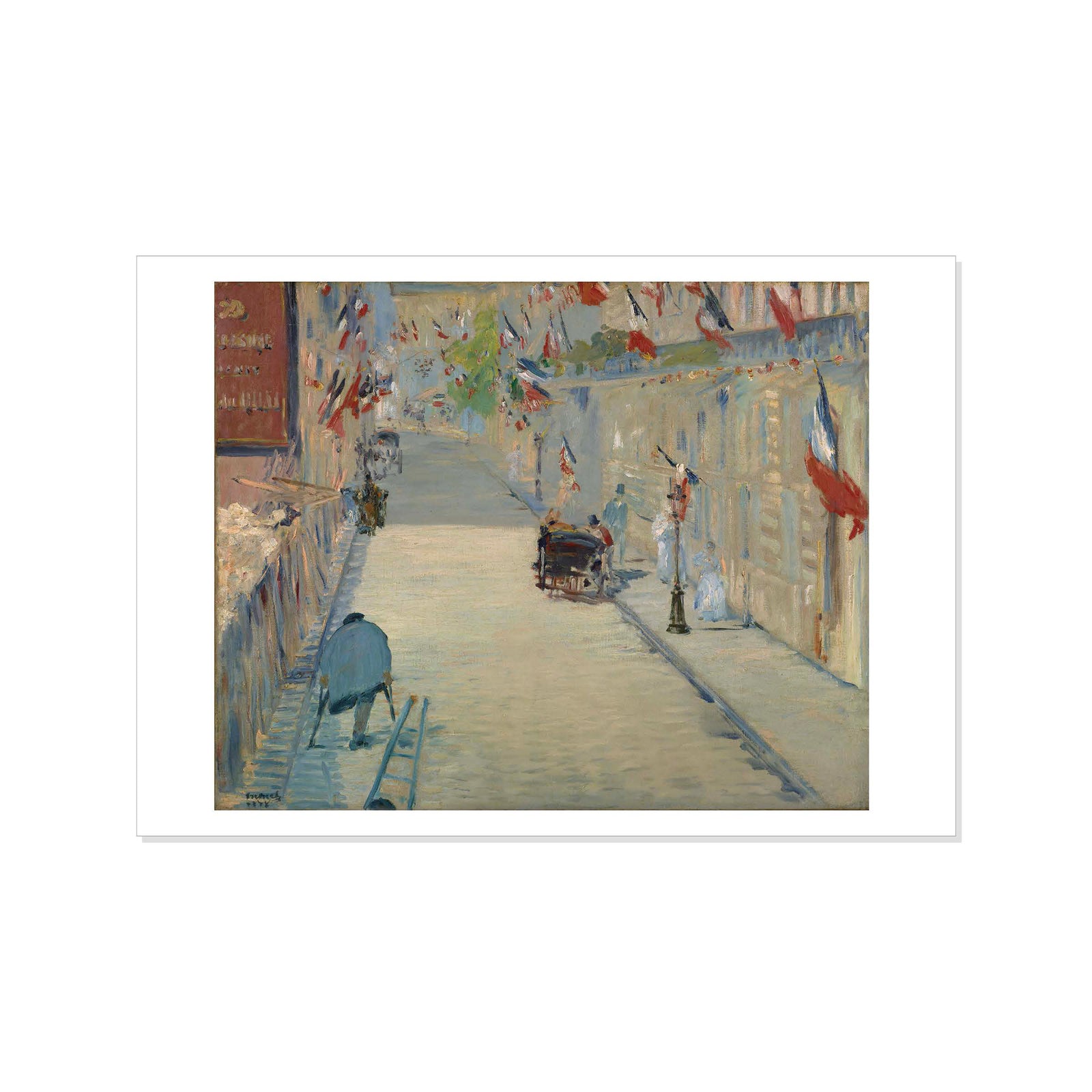 Postcard featuring a reproduction of Edouard Manet's painting 'The Rue Mosnier with Flags', depicting a street scene with numerous flags.