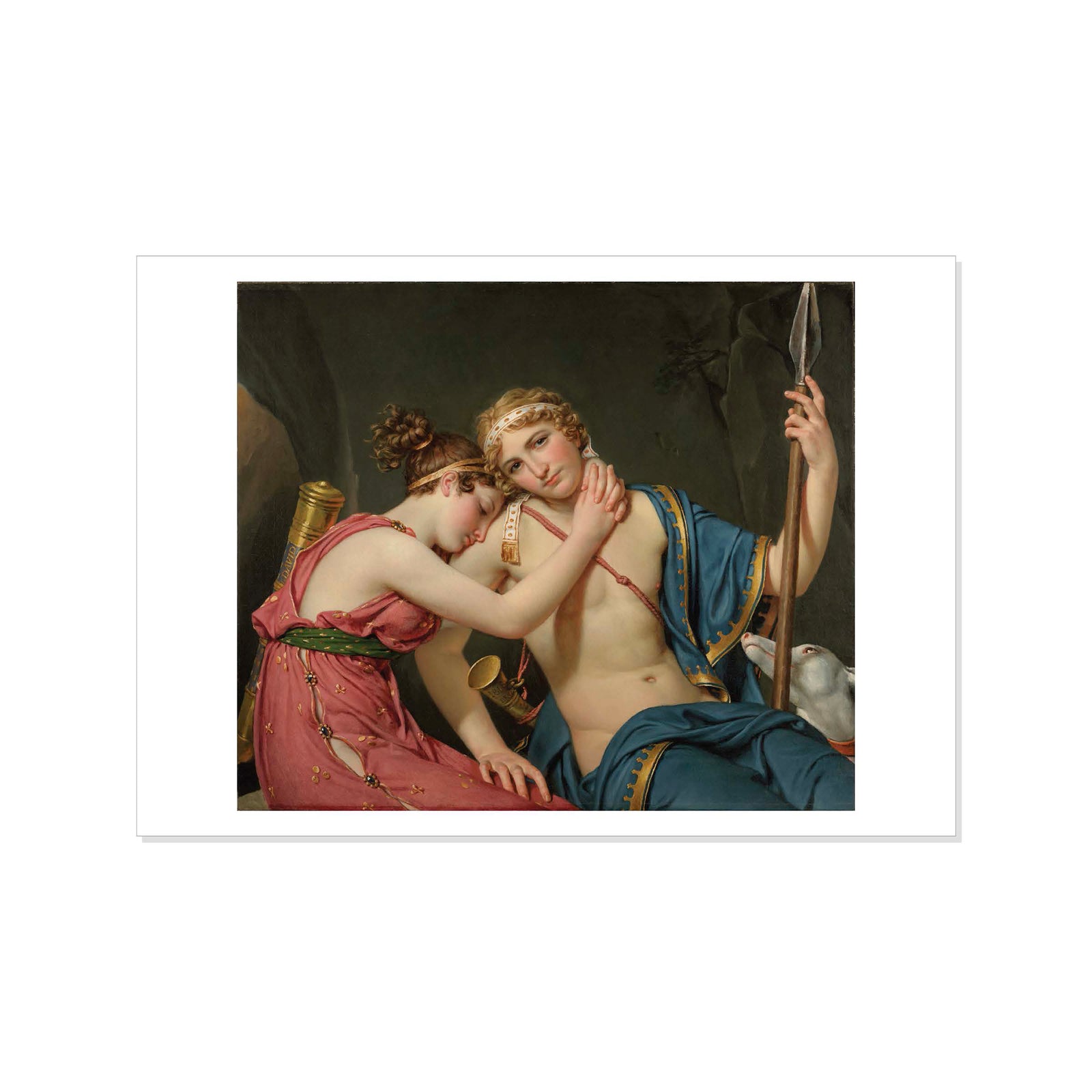 Postcard featuring a reproduction of Jacques-Louis David's painting 'The Farewell of Telemachus and Eucharis' depicting two classically dressed figures in an intimate moment.