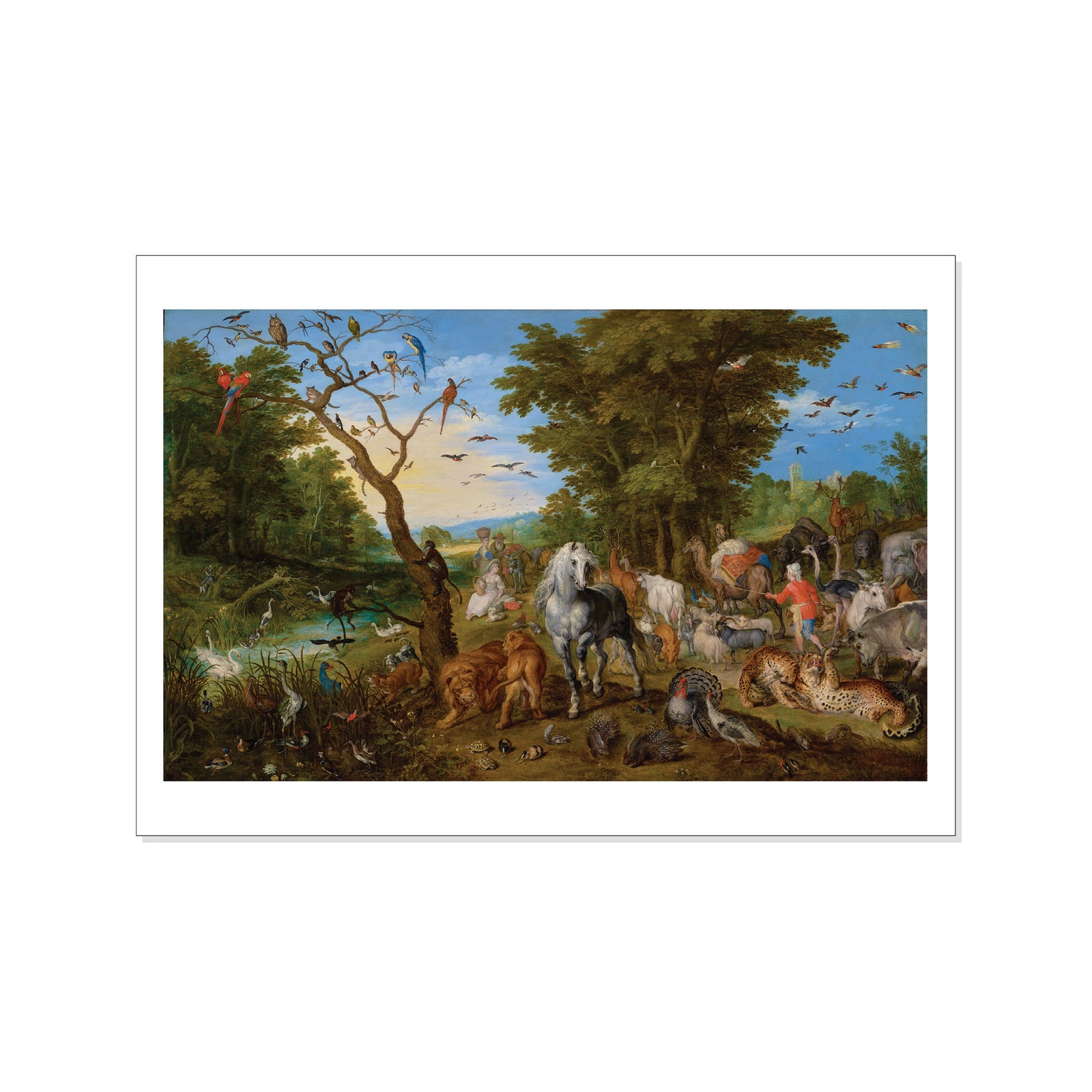 Artistic depiction of a forest scene with animals and people