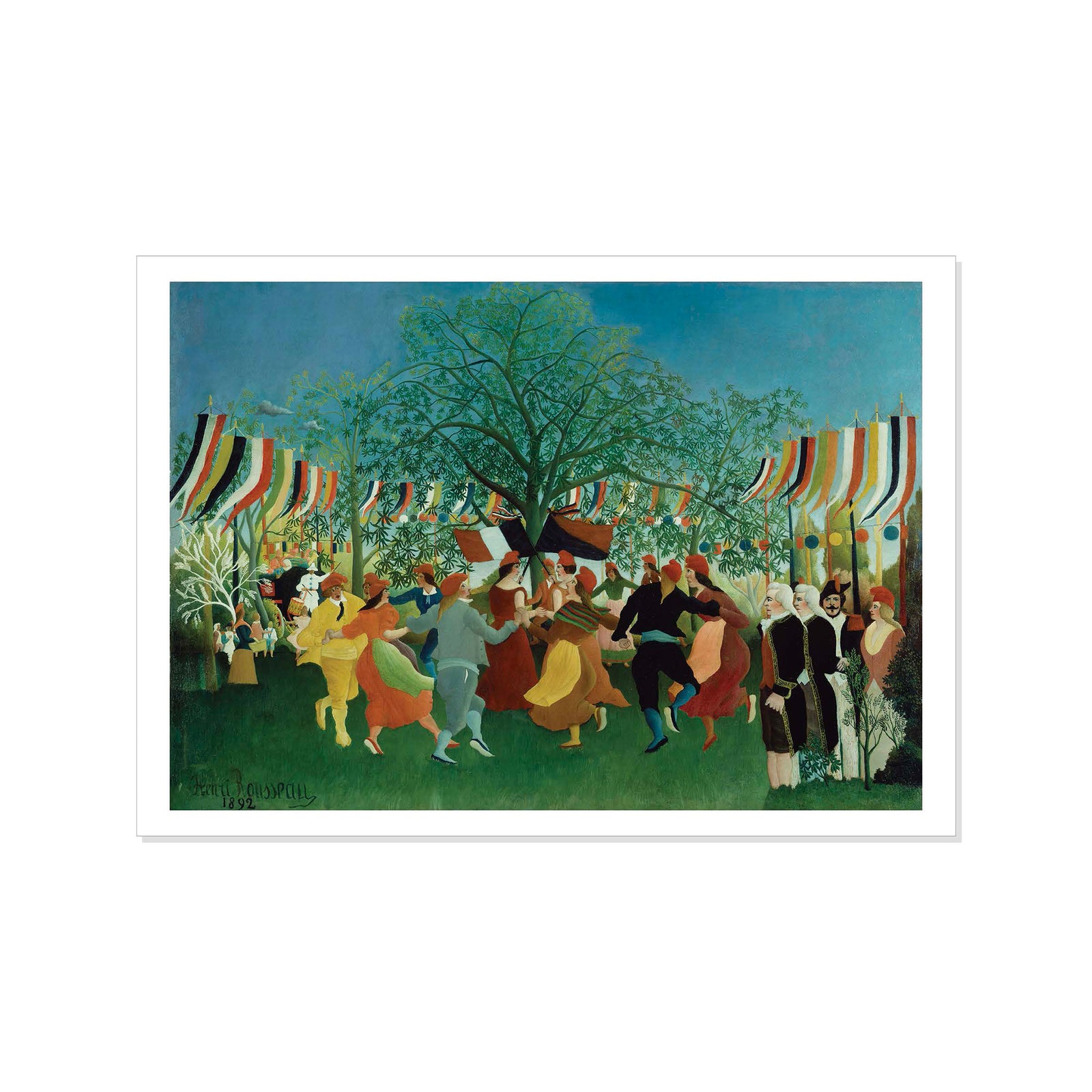 Postcard featuring a reproduction of Jacques-Louis David's painting 'A Centennial of Independence', depicting a colorful festive scene with people and a tree in the center.