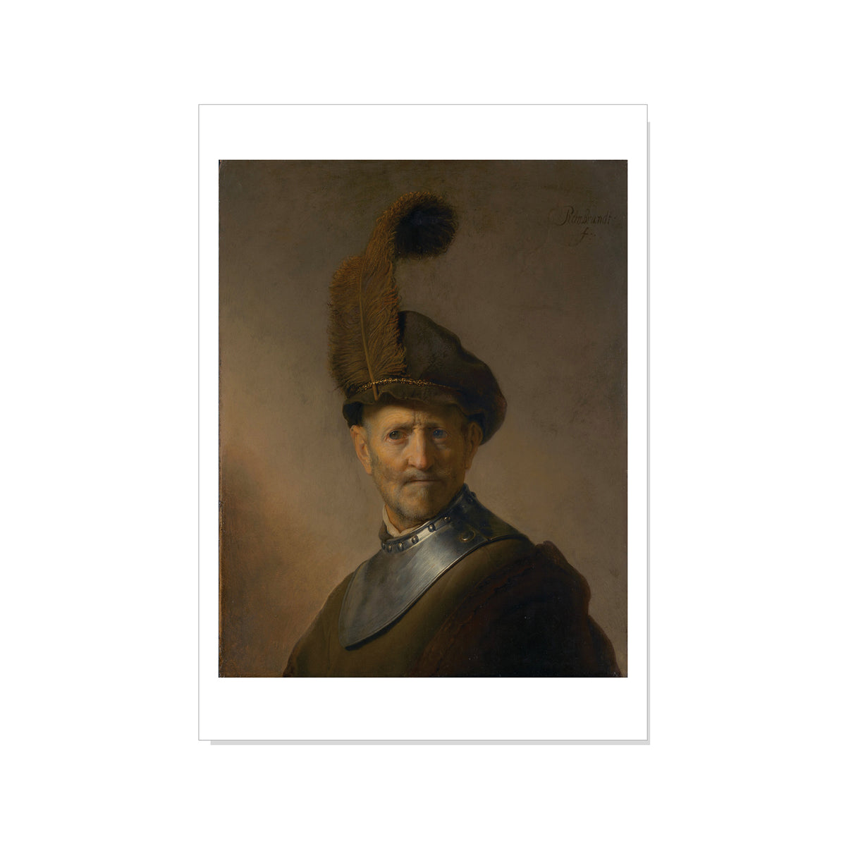 Portrait of a man wearing a feathered hat on a plain background