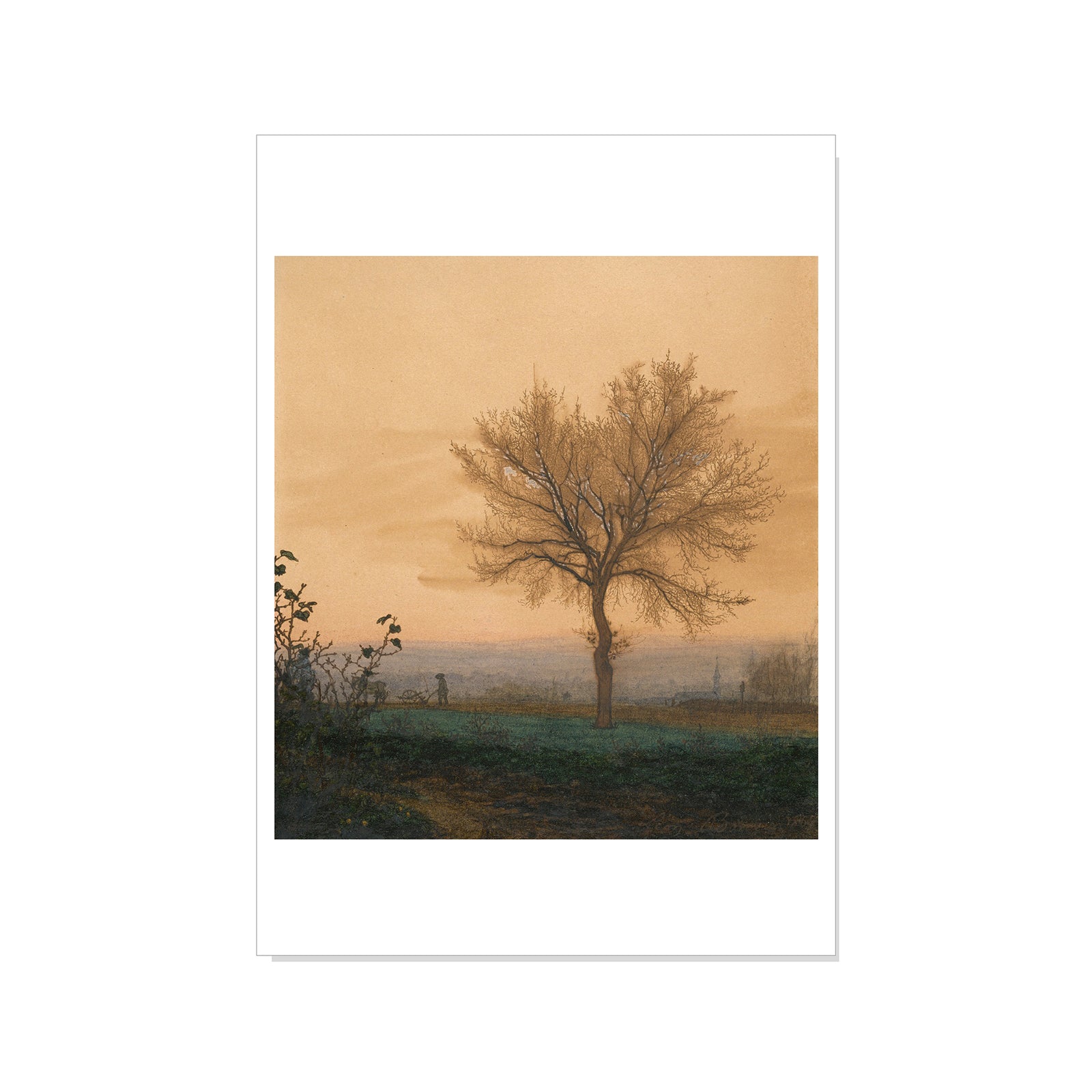 Landscape with a tree and people under a warm sky