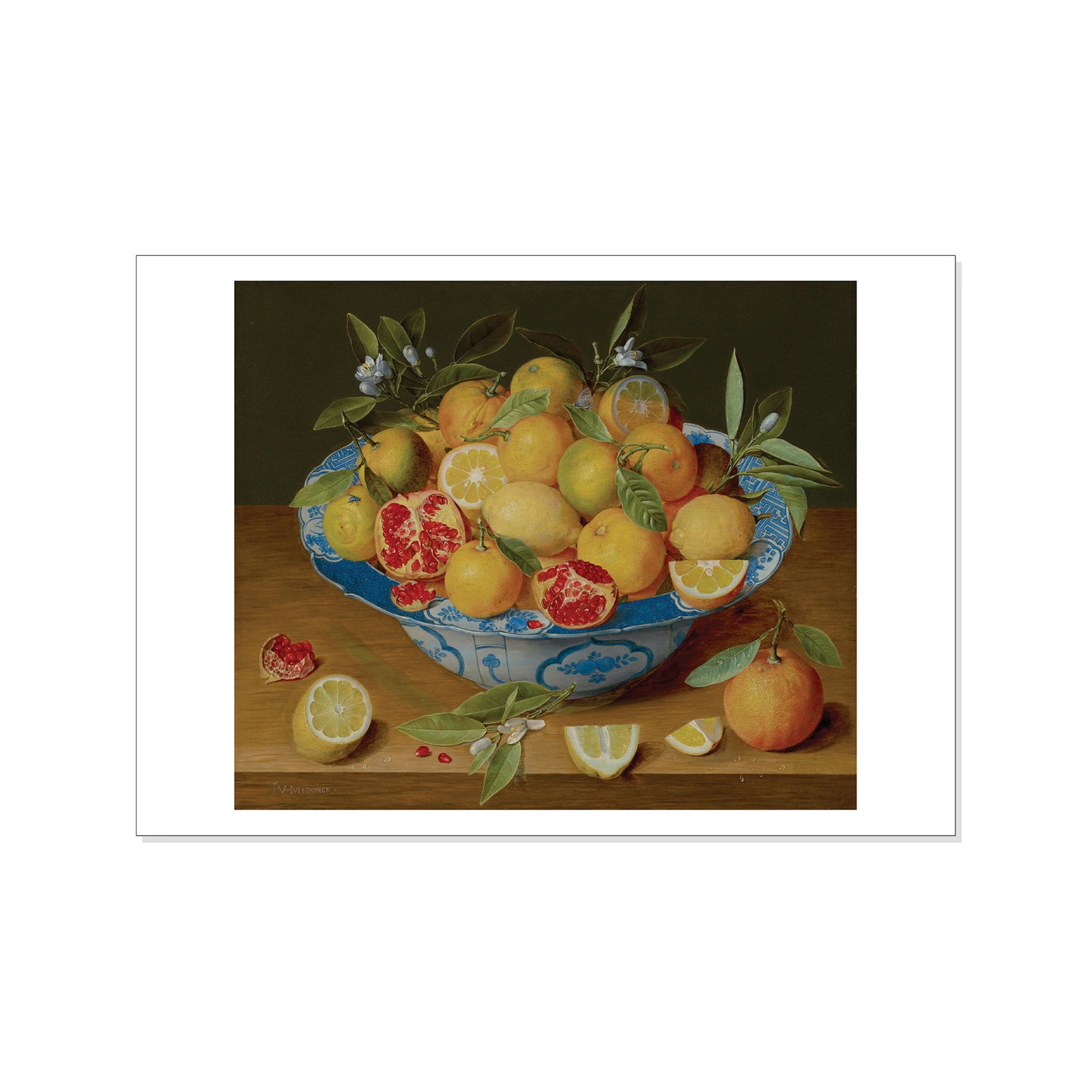 Still life painting of fruits on a table with a dark background