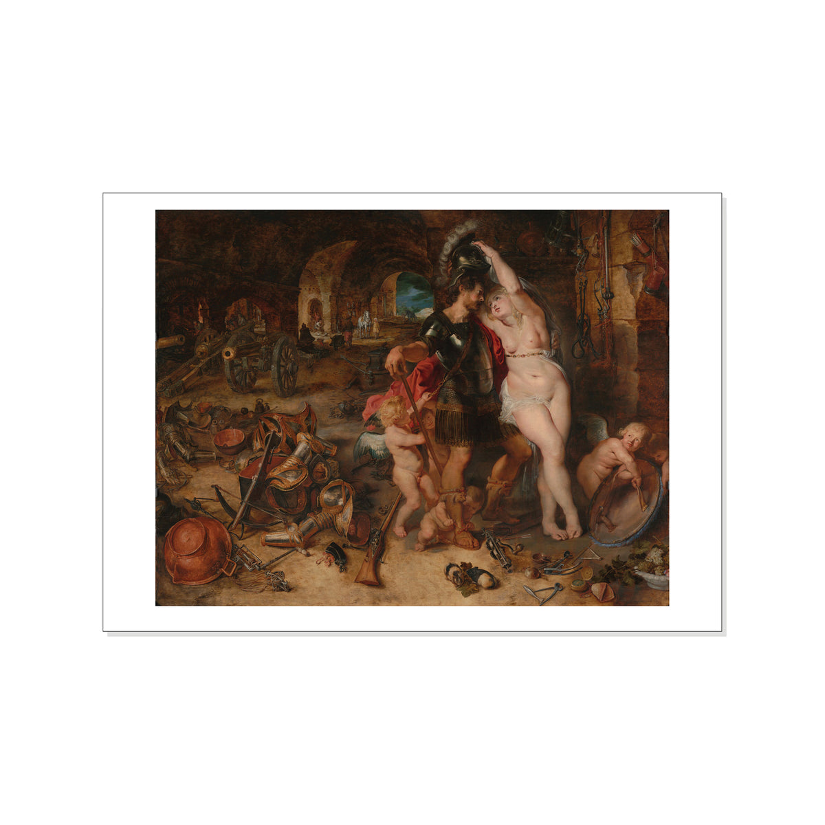 Artistic depiction of a historical or mythological scene with figures and objects on a white background