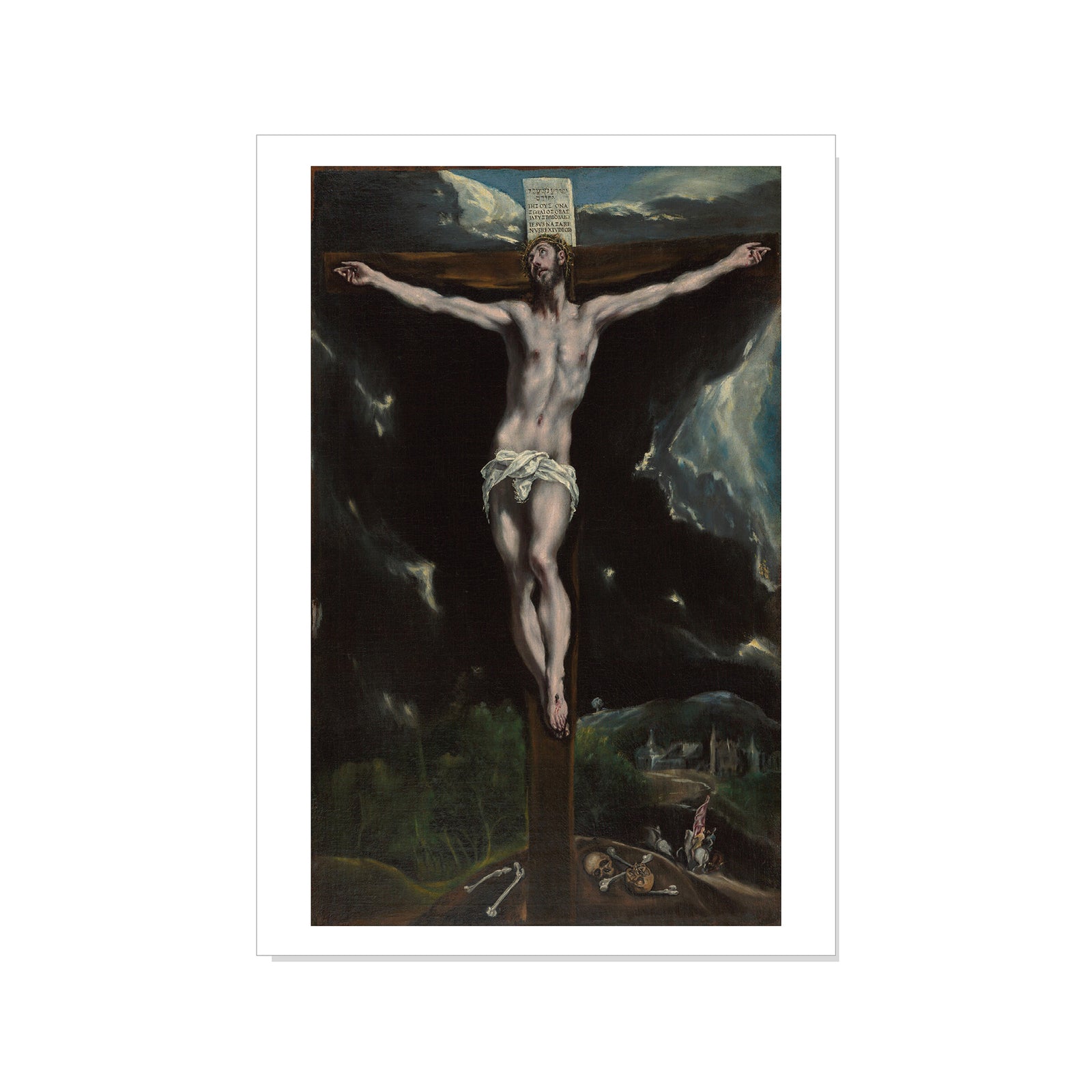 Artistic depiction of a crucifixion scene with a dark background