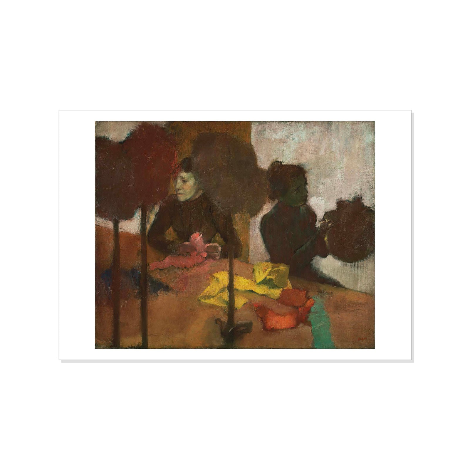 Postcard featuring a reproduction of Edgar Degas' painting 'The Milliners', depicting two women in a millinery shop.
