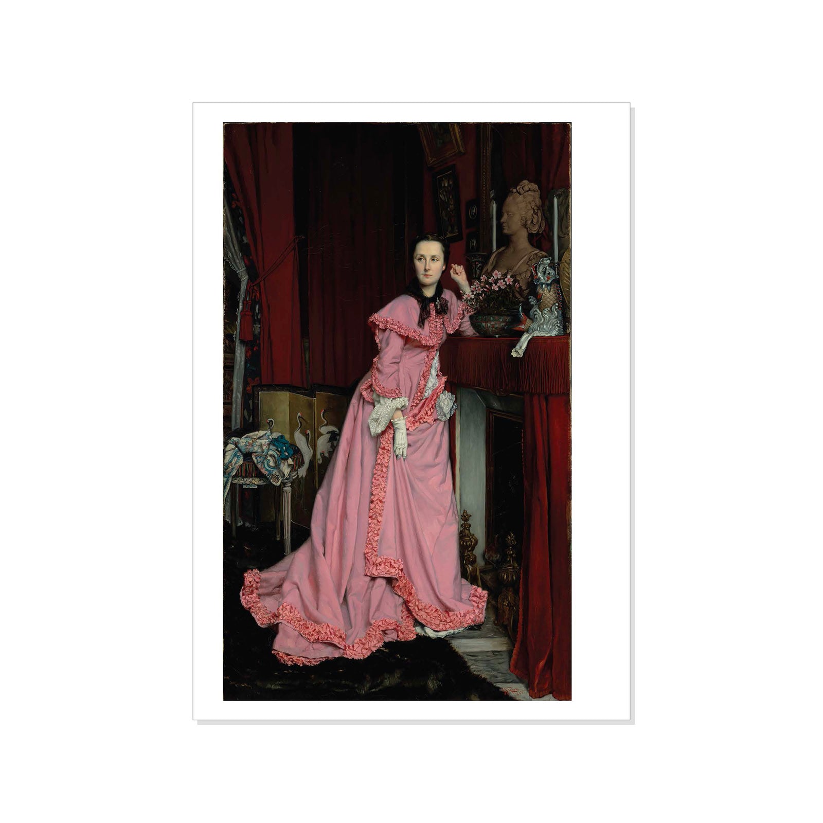 Postcard featuring a reproduction of a painting with a woman in a pink dress standing in a room with red curtains.