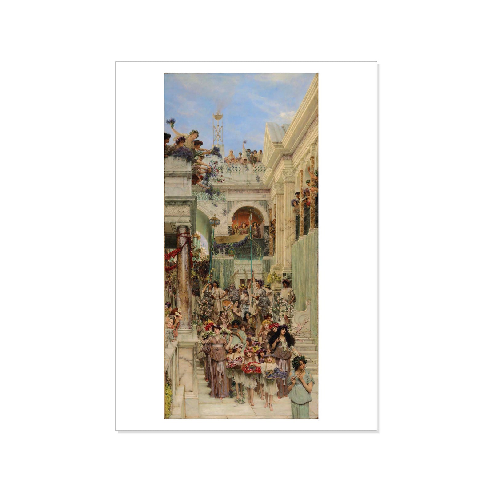 Postcard featuring a reproduction of Alma-Tadema's painting 'Spring', depicting a detailed scene with people and classical architecture.