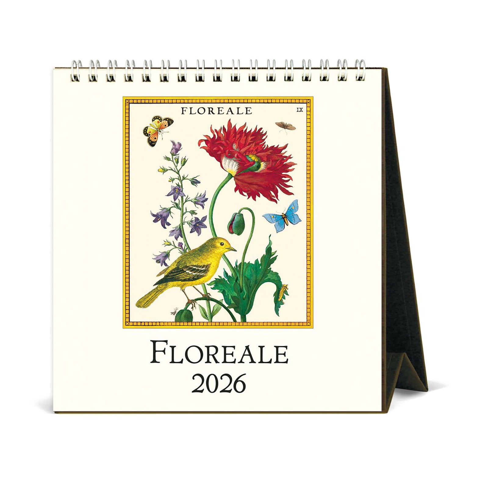 Floreale 2026 spiral standing desk calendar with floral and bird illustration on a white background
