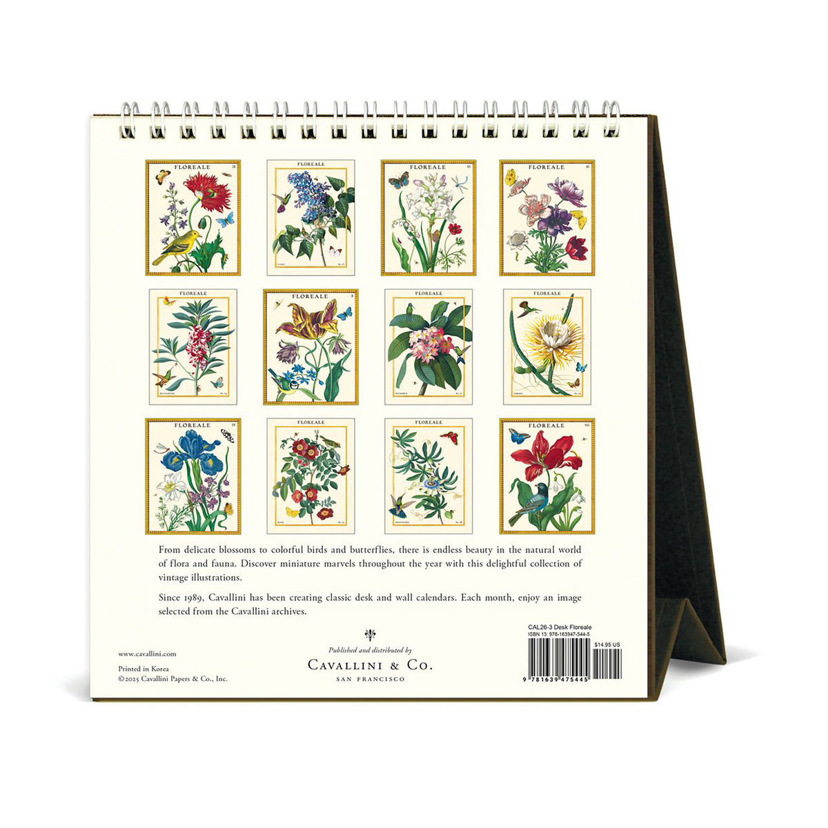 Back side of spiral desk calendar showing floral images for each month of 2026.